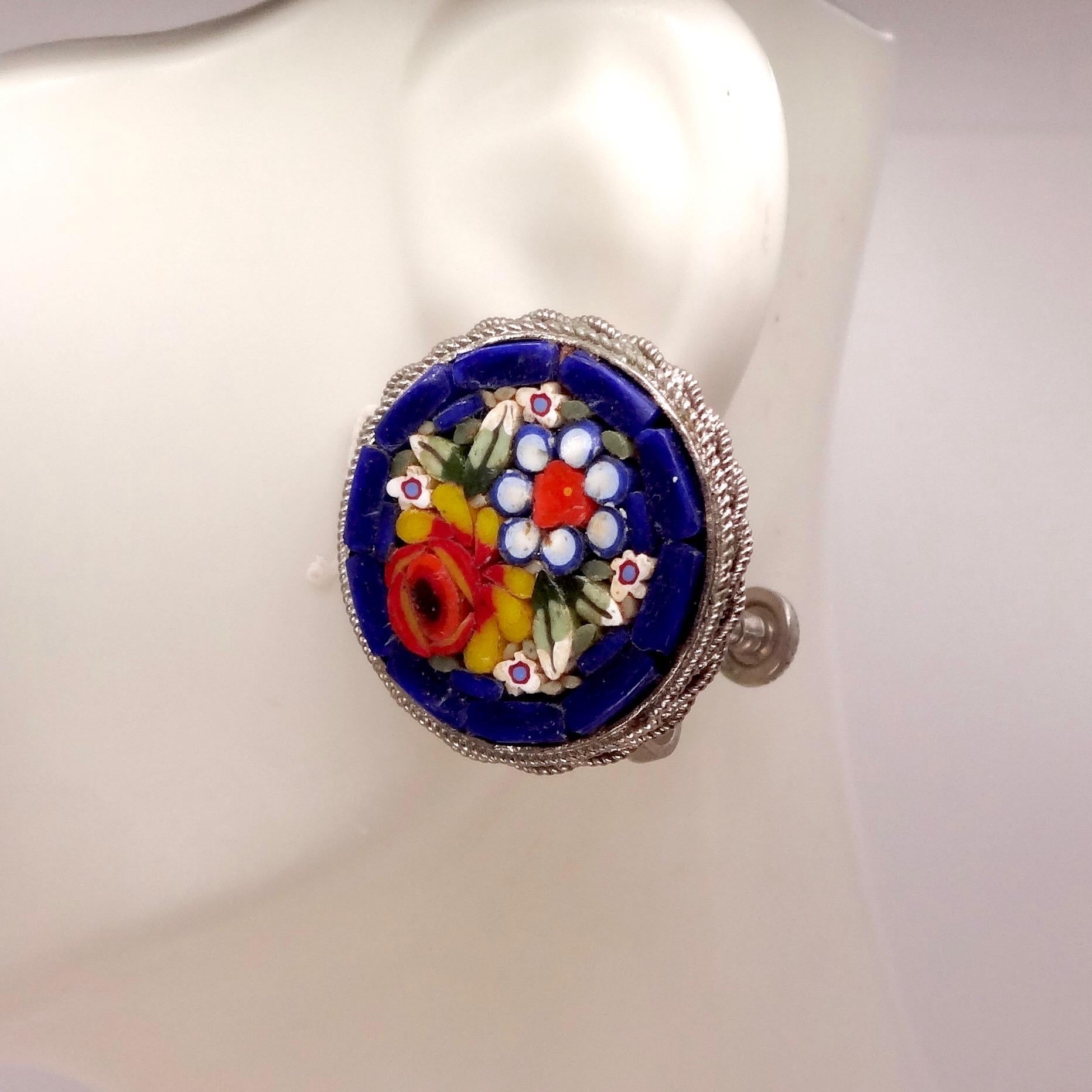 Vintage Blue Mosaic Flower Golden filled Screw Back Earrings