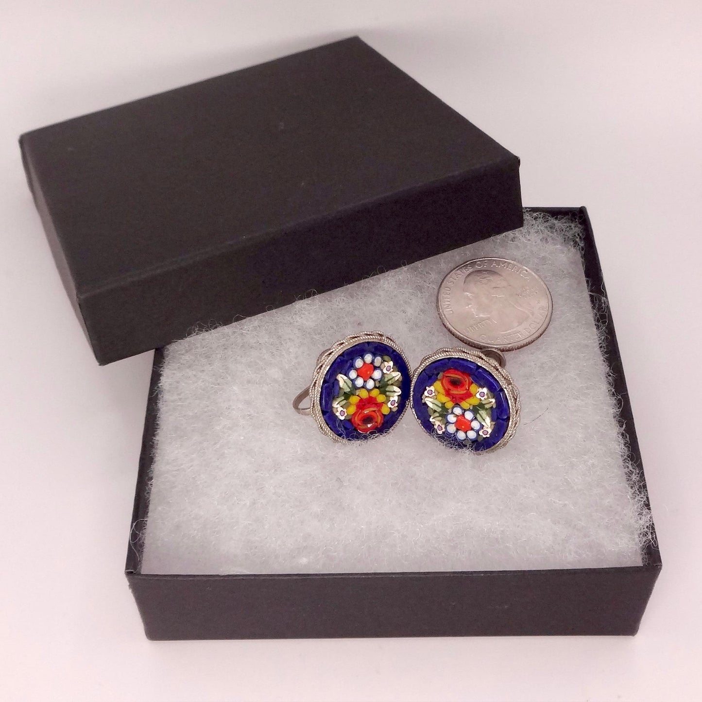 Vintage Blue Mosaic Flower Golden filled Screw Back Earrings