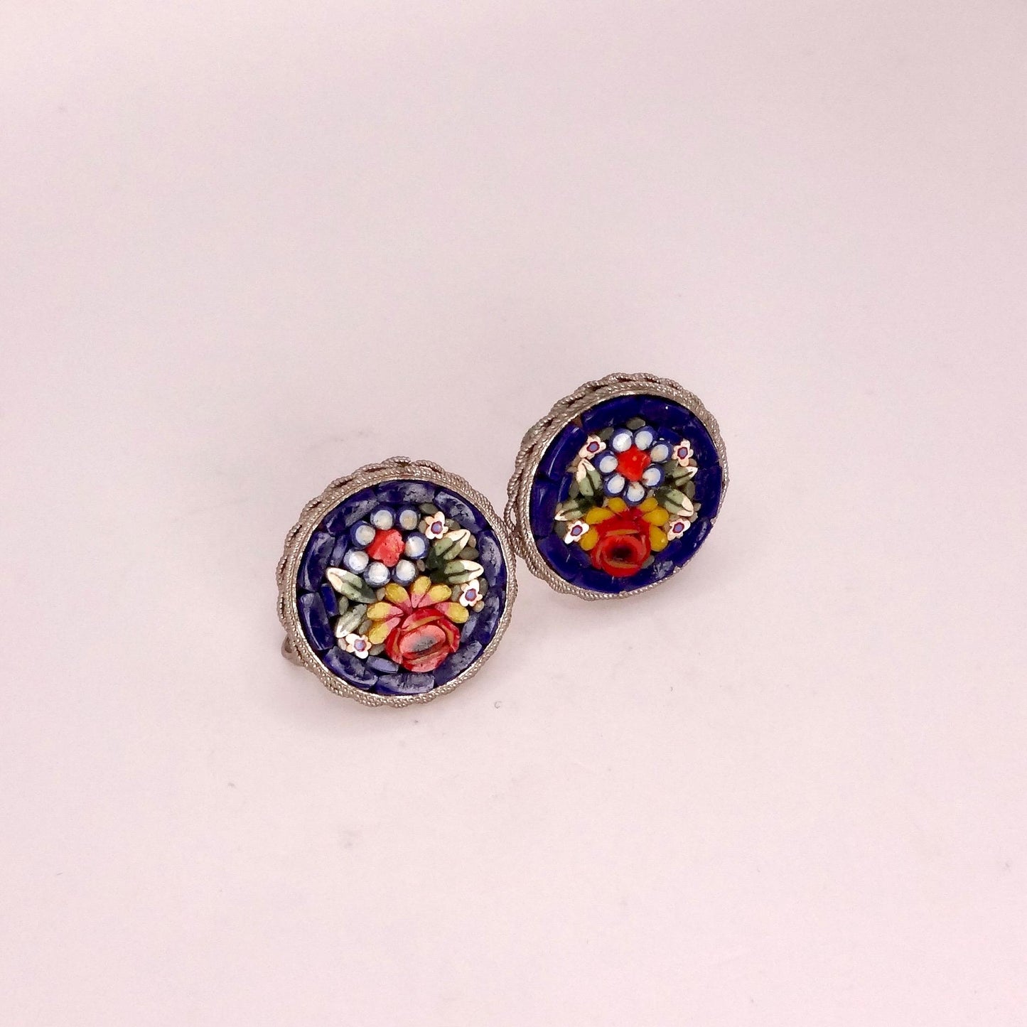 Vintage Blue Mosaic Flower Golden filled Screw Back Earrings