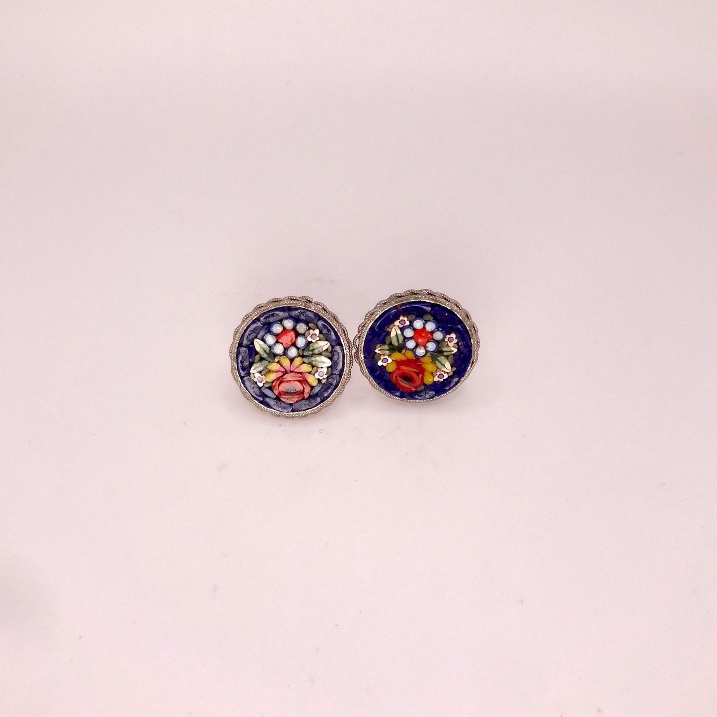 Vintage Blue Mosaic Flower Golden filled Screw Back Earrings