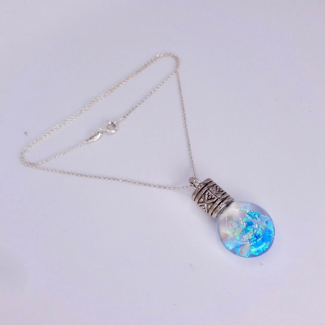 Vintage Blue White Floating Opal Choker 925 Sterling Silver Chain Necklace Choker
