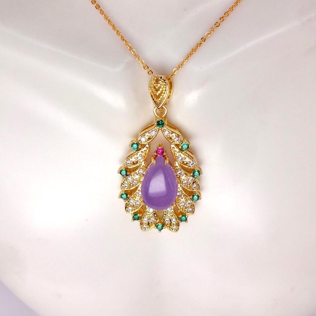Vintage Lavender Jade Choker Golden Bronze Necklace Pendant