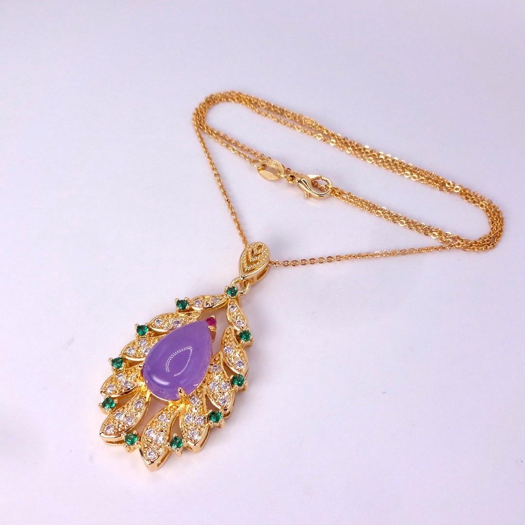 Vintage Lavender Jade Choker Golden Bronze Necklace Pendant