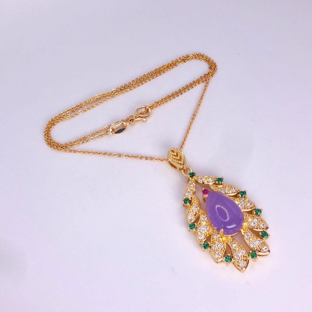 Vintage Lavender Jade Choker Golden Bronze Necklace Pendant