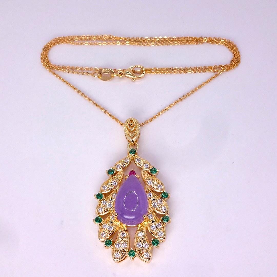 Vintage Lavender Jade Choker Golden Bronze Necklace Pendant