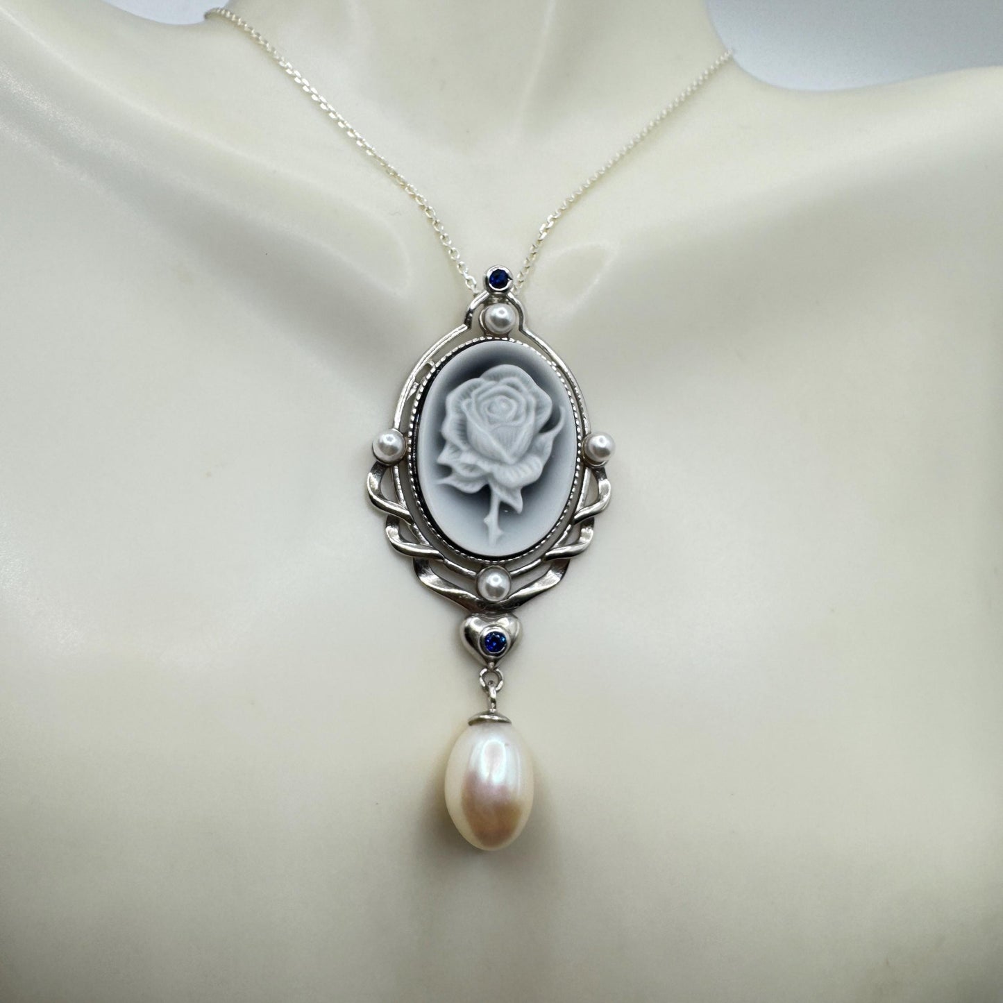 Vintage Rose Flower Cameo Yellow Golden 925 Sterling Silver Necklace Choker
