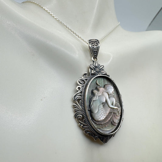 Vintage Mother of Pearl Mermaid Cameo Sterling Silver Necklace Choker