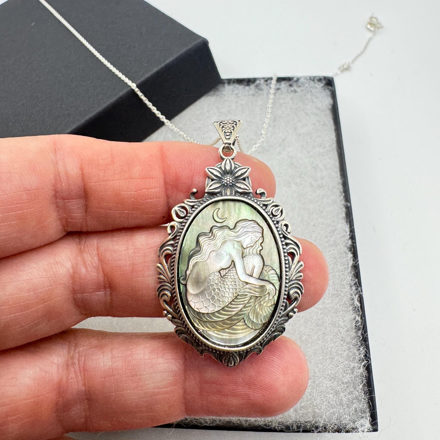 Vintage Mother of Pearl Mermaid Cameo Sterling Silver Necklace Choker