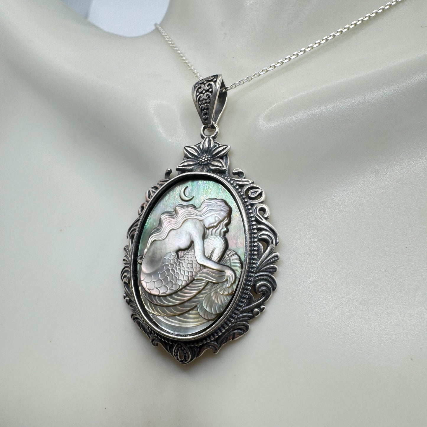 Vintage Mother of Pearl Mermaid Cameo Sterling Silver Necklace Choker