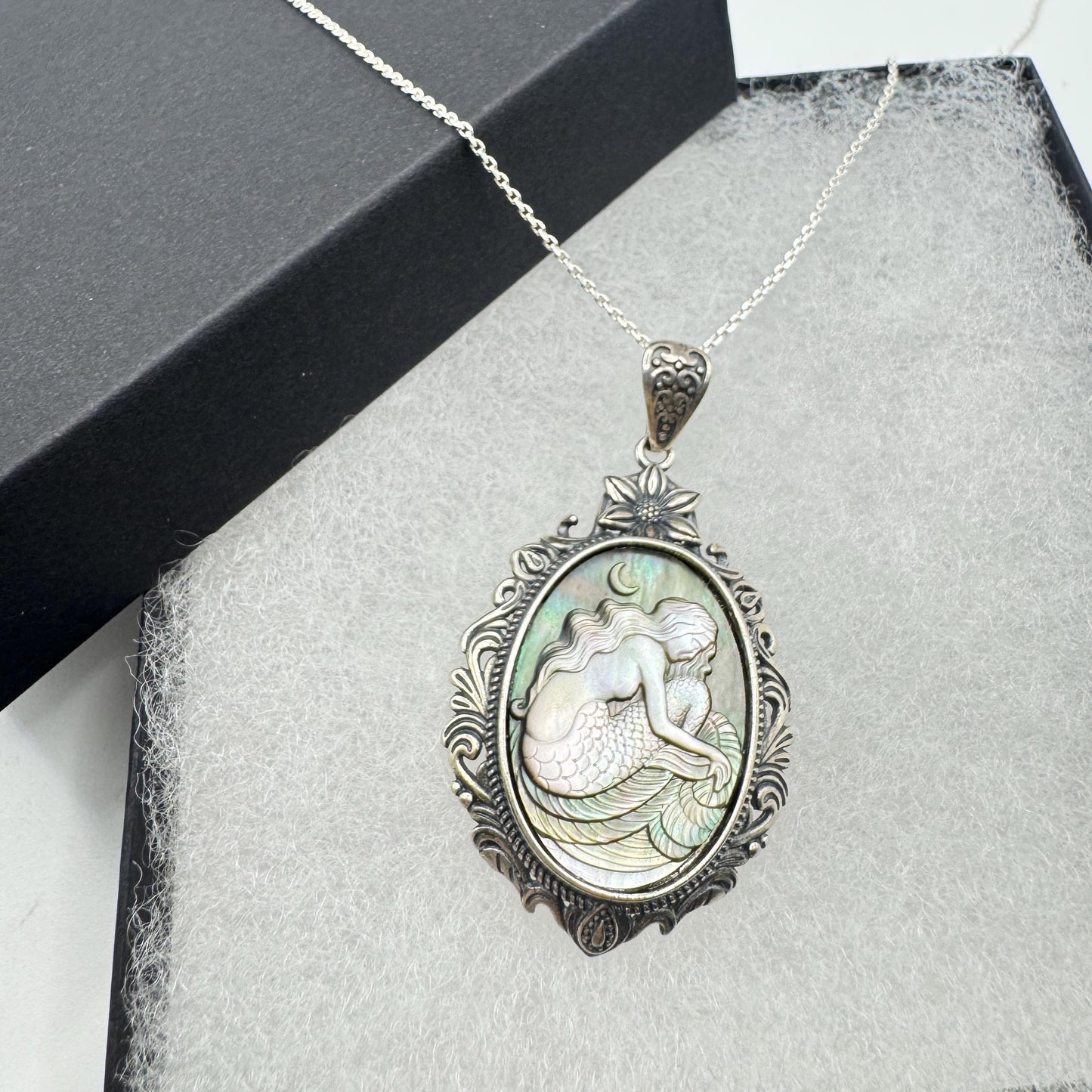 Vintage Mother of Pearl Mermaid Cameo Sterling Silver Necklace Choker