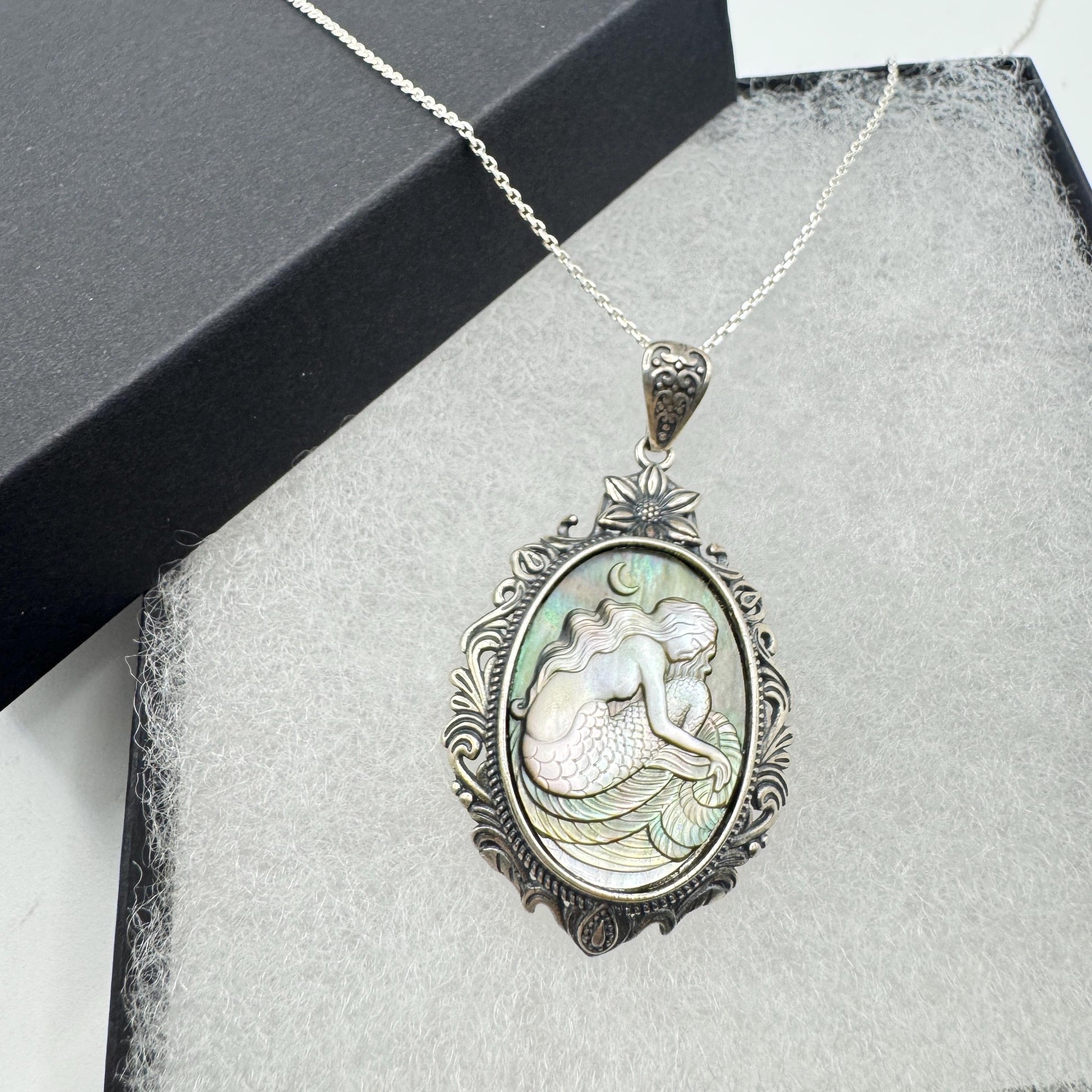Vintage Mother of Pearl Mermaid Cameo Sterling Silver Necklace Choker