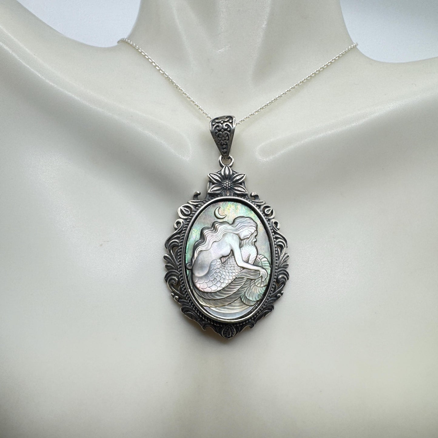 Vintage Mother of Pearl Mermaid Cameo Sterling Silver Necklace Choker