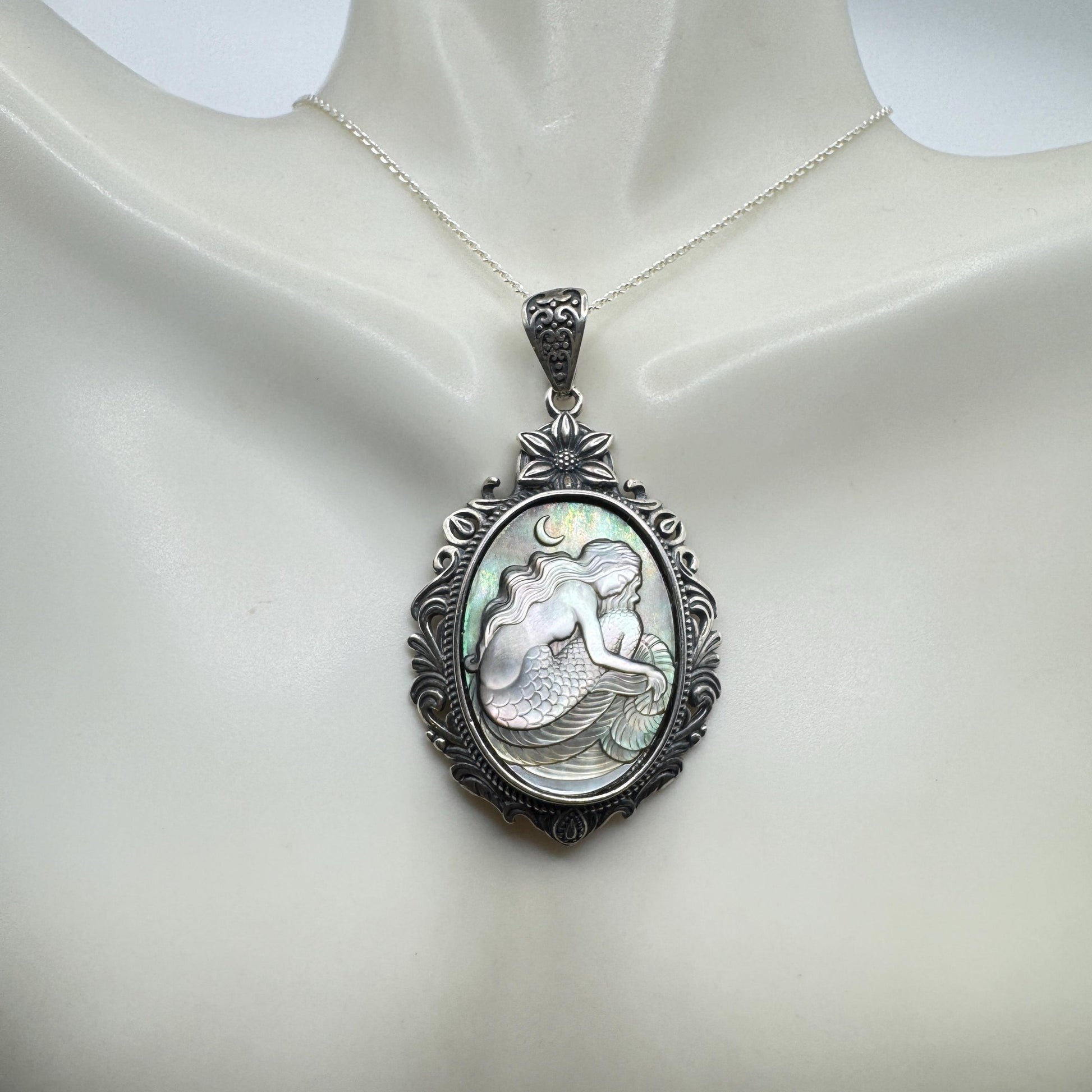 Vintage Mother of Pearl Mermaid Cameo Sterling Silver Necklace Choker