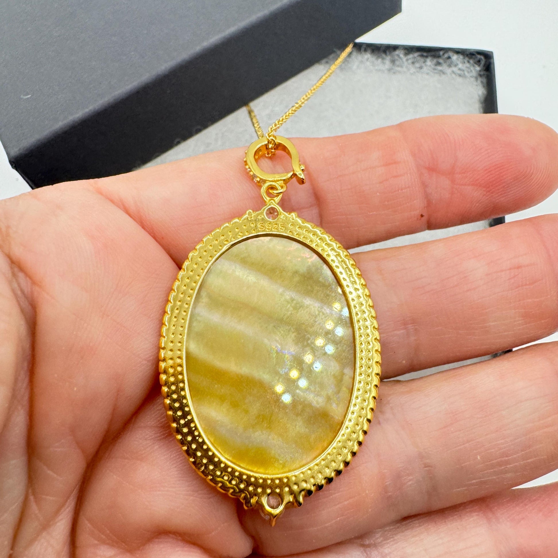 Vintage Mother of Pearl Mermaid Cameo Golden Sterling Silver Necklace Choker