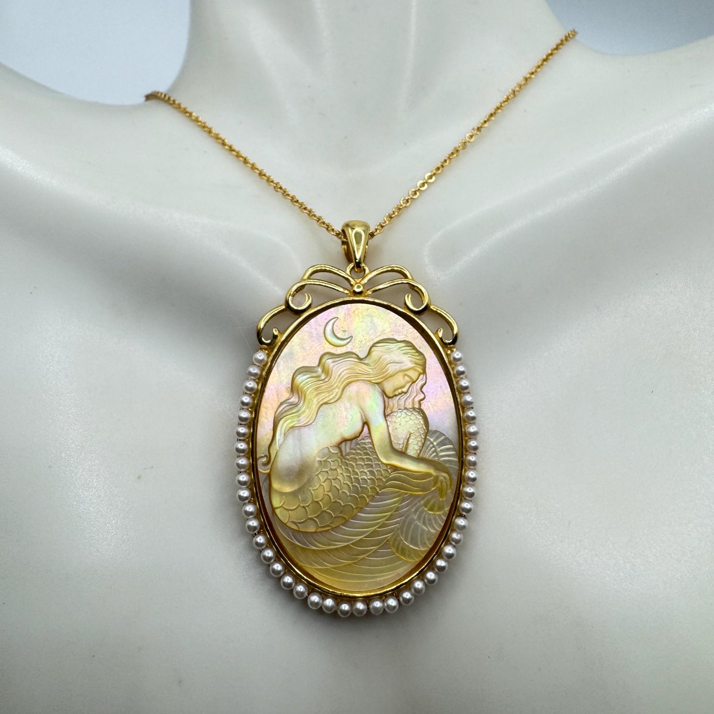Vintage Mother of Pearl Mermaid Cameo Golden Sterling Silver Necklace Choker