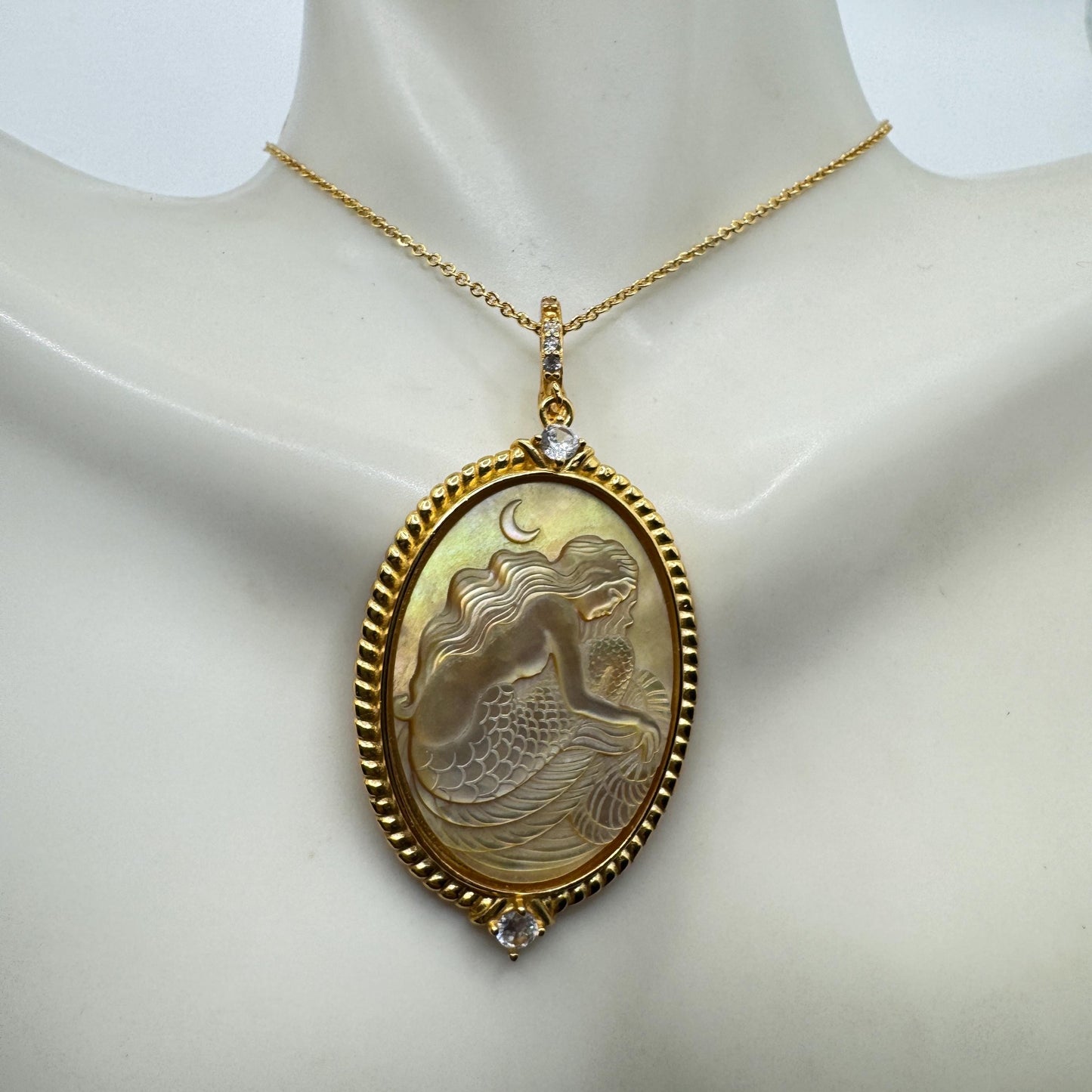 Vintage Mother of Pearl Mermaid Cameo Golden Sterling Silver Necklace Choker