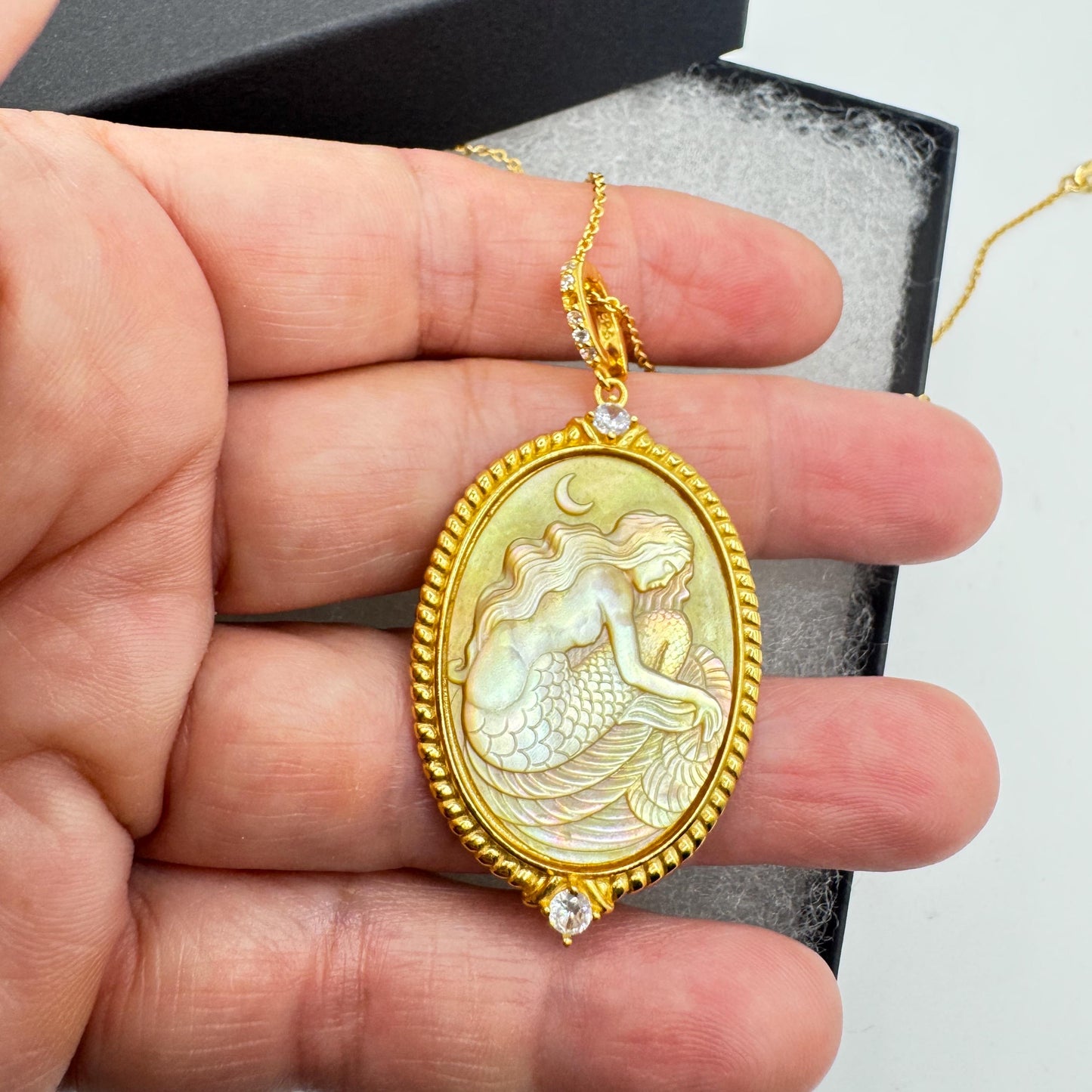 Vintage Mother of Pearl Mermaid Cameo Golden Sterling Silver Necklace Choker