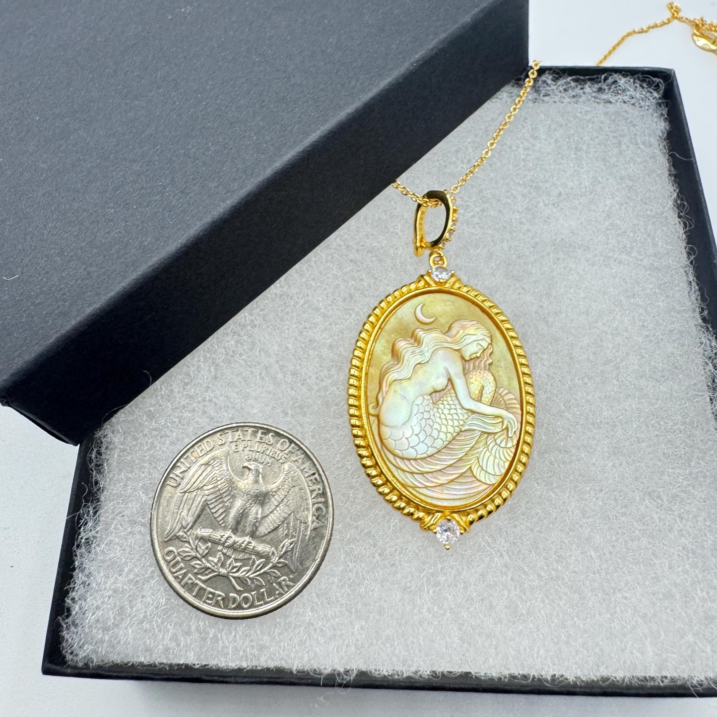 Vintage Mother of Pearl Mermaid Cameo Golden Sterling Silver Necklace Choker