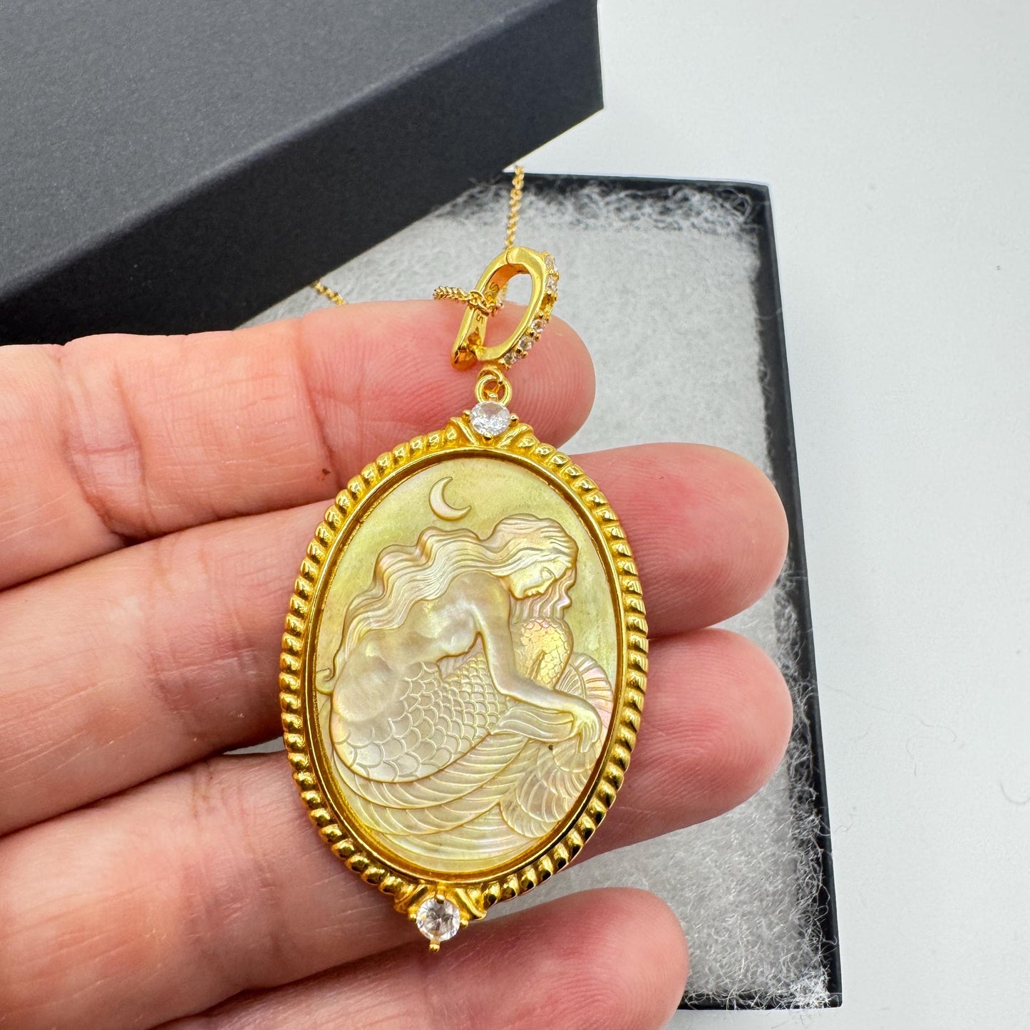 Vintage Mother of Pearl Mermaid Cameo Golden Sterling Silver Necklace Choker