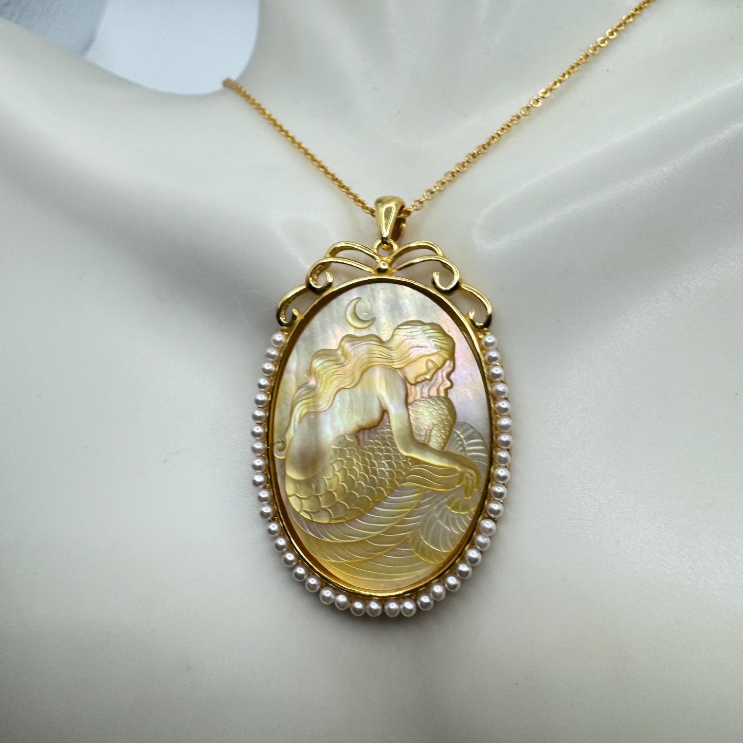 Vintage Mother of Pearl Mermaid Cameo Golden Sterling Silver Necklace Choker