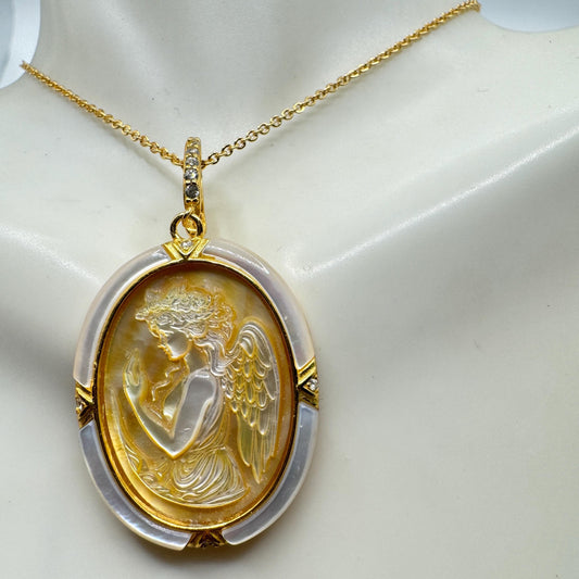 Vintage Mother of Pearl Gaurdian Angel Cameo Golden 925 Sterling silver Necklace Choker