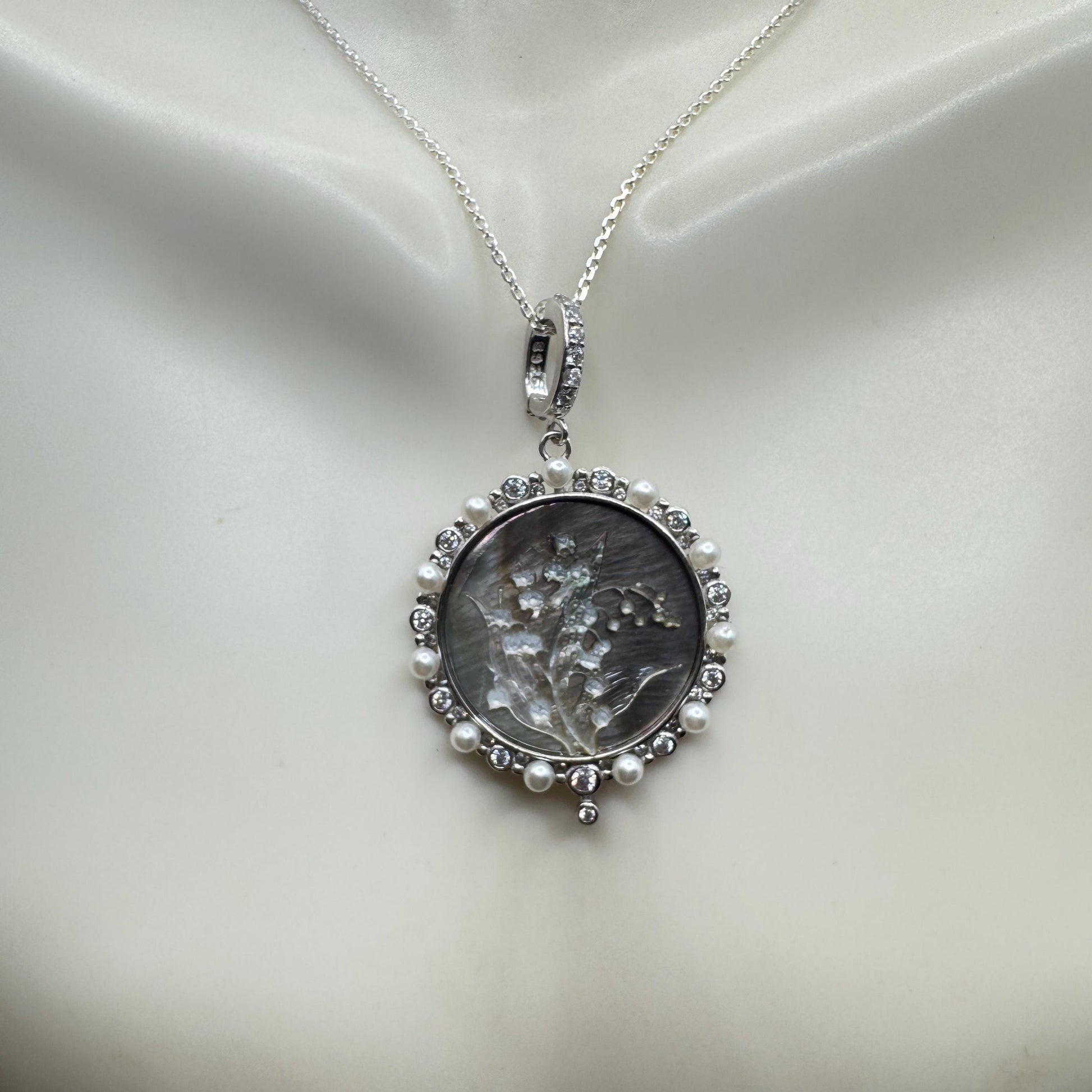 Vintage Lily of the Valley Blue Abalone Cameo Choker 925 Sterling Silver Necklace