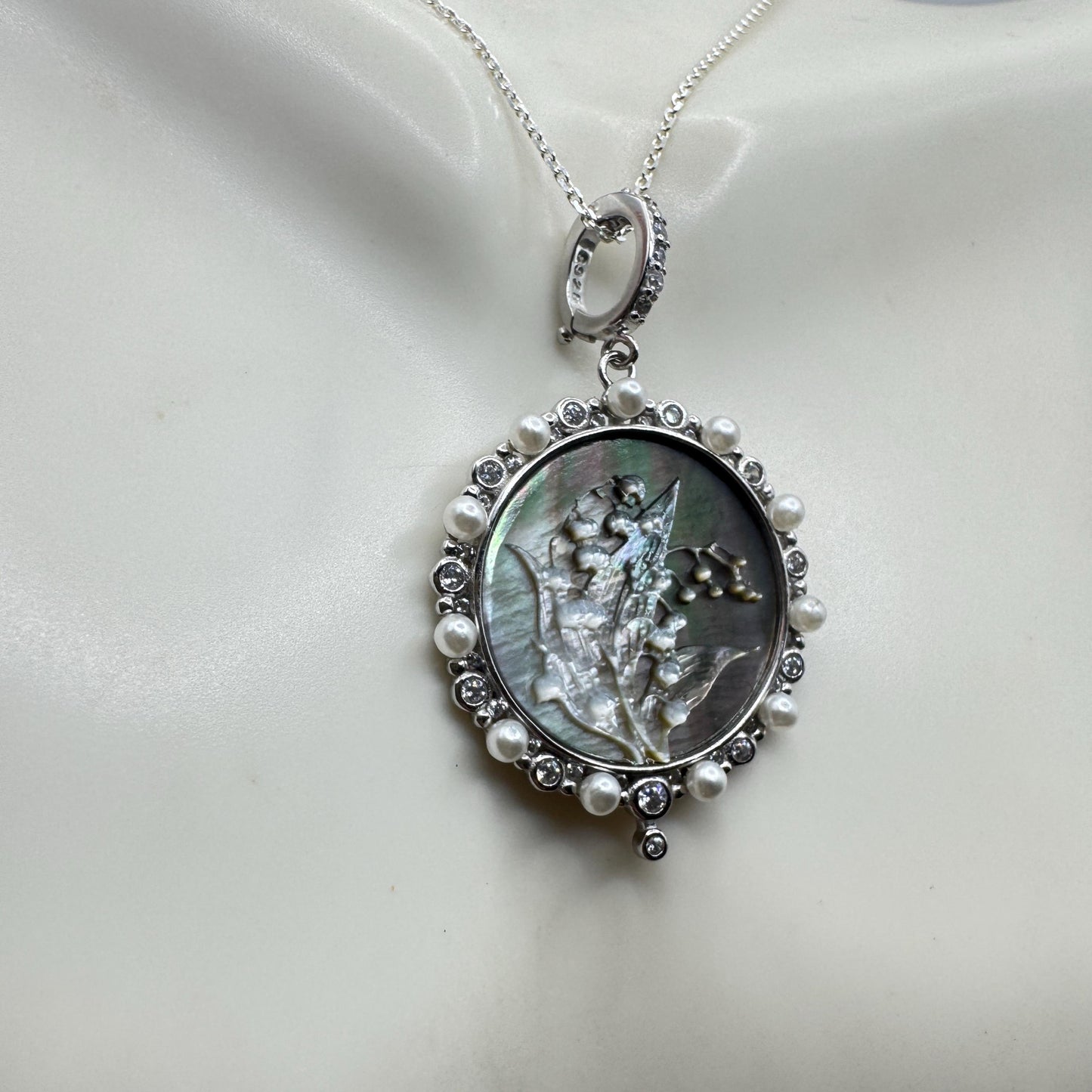 Vintage Lily of the Valley Blue Abalone Cameo Choker 925 Sterling Silver Necklace