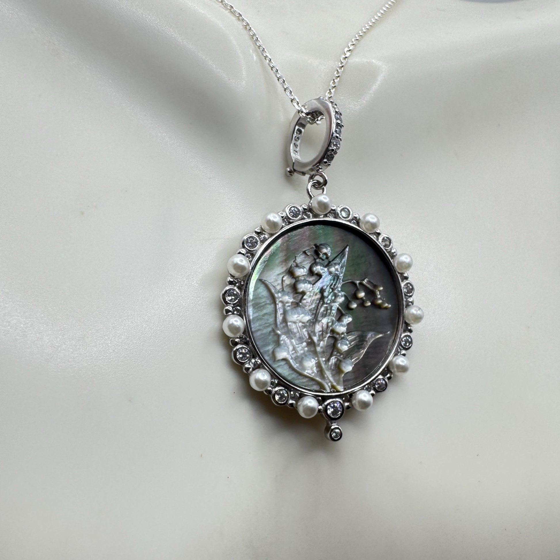 Vintage Lily of the Valley Blue Abalone Cameo Choker 925 Sterling Silver Necklace