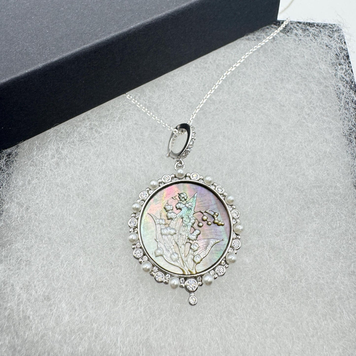 Vintage Lily of the Valley Blue Abalone Cameo Choker 925 Sterling Silver Necklace