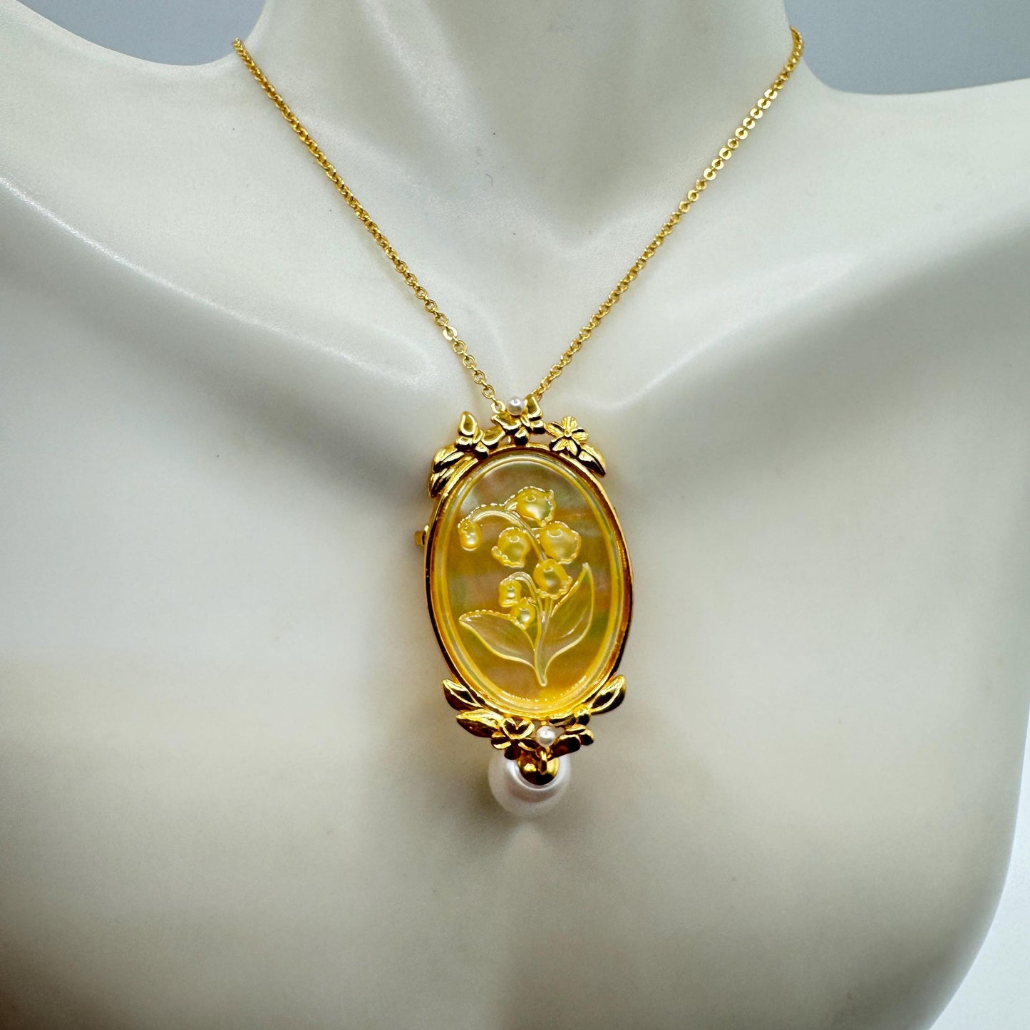 Vintage Lily of the Valley Abalone Cameo Choker 925 Sterling Silver Necklace Pin Brooch