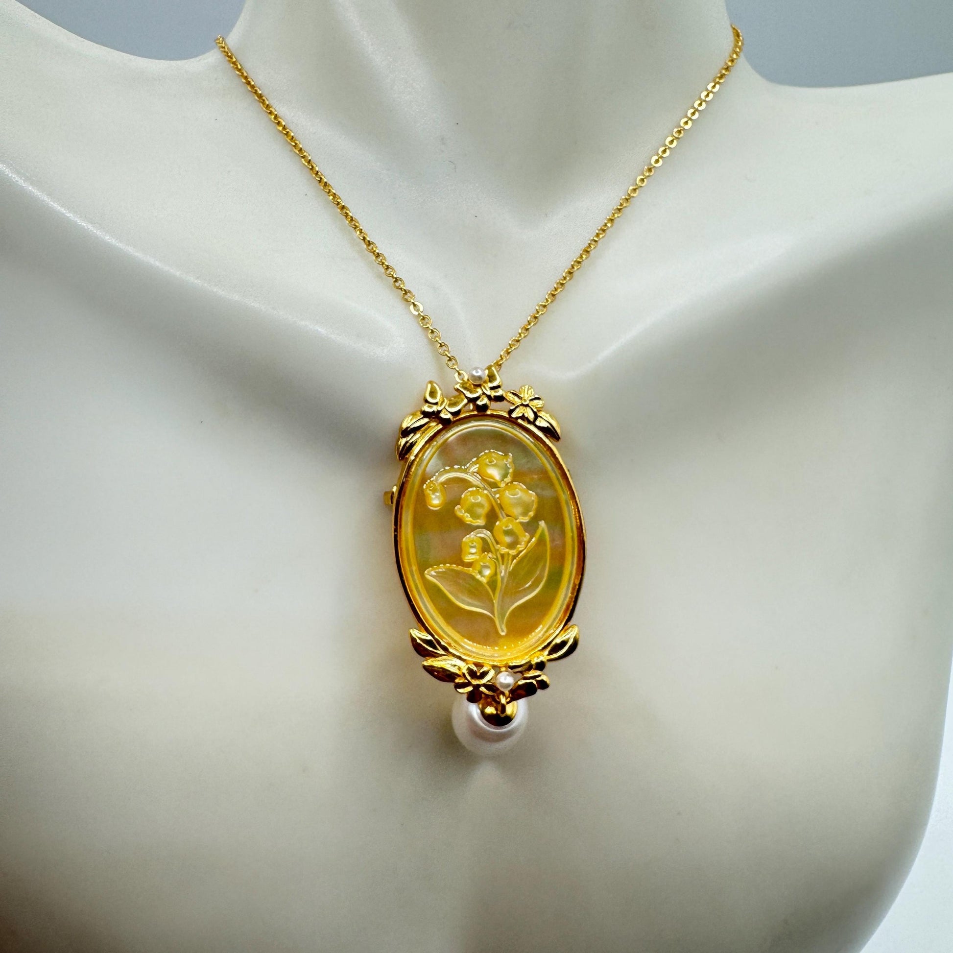 Vintage Lily of the Valley Abalone Cameo Choker 925 Sterling Silver Necklace Pin Brooch