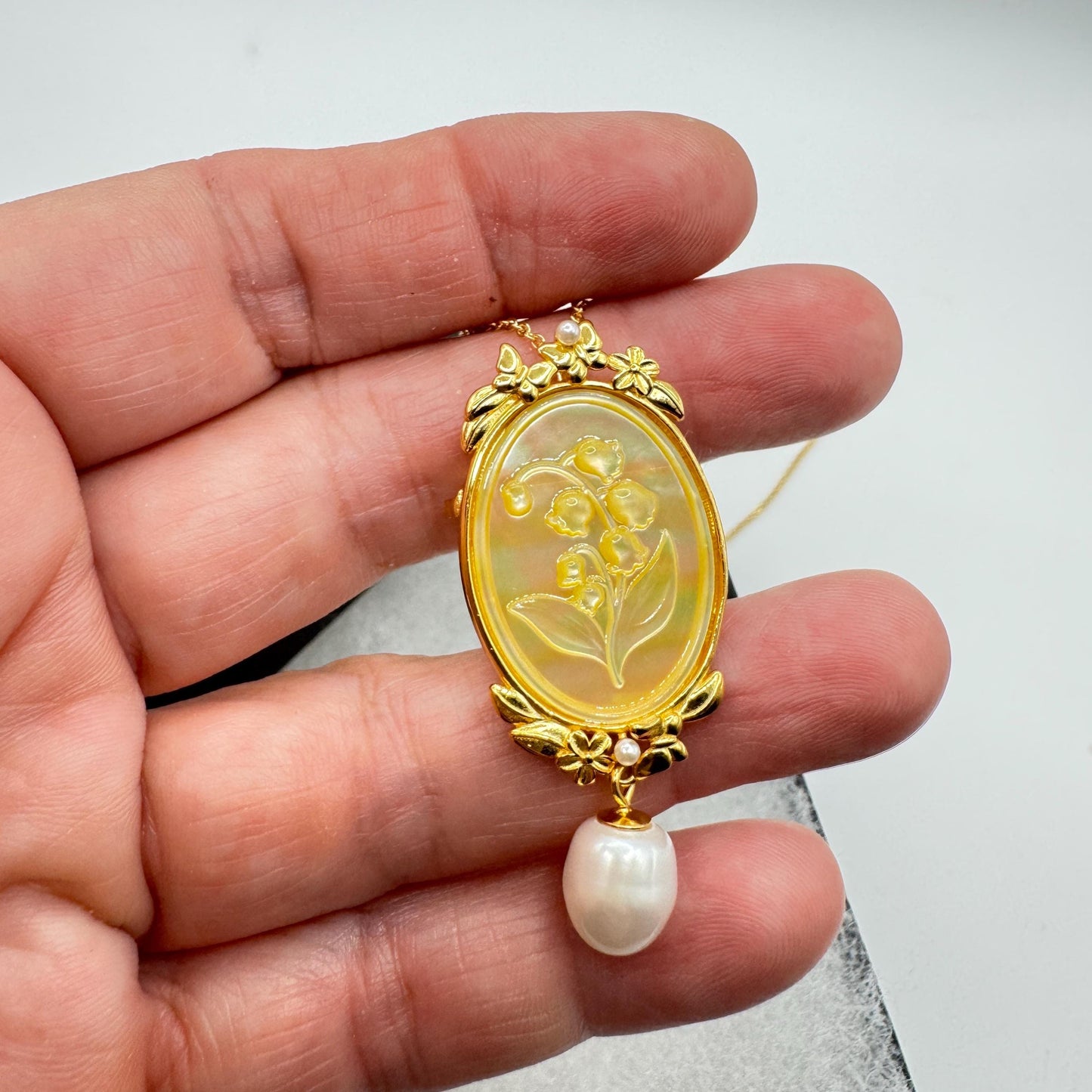 Vintage Lily of the Valley Abalone Cameo Choker 925 Sterling Silver Necklace Pin Brooch
