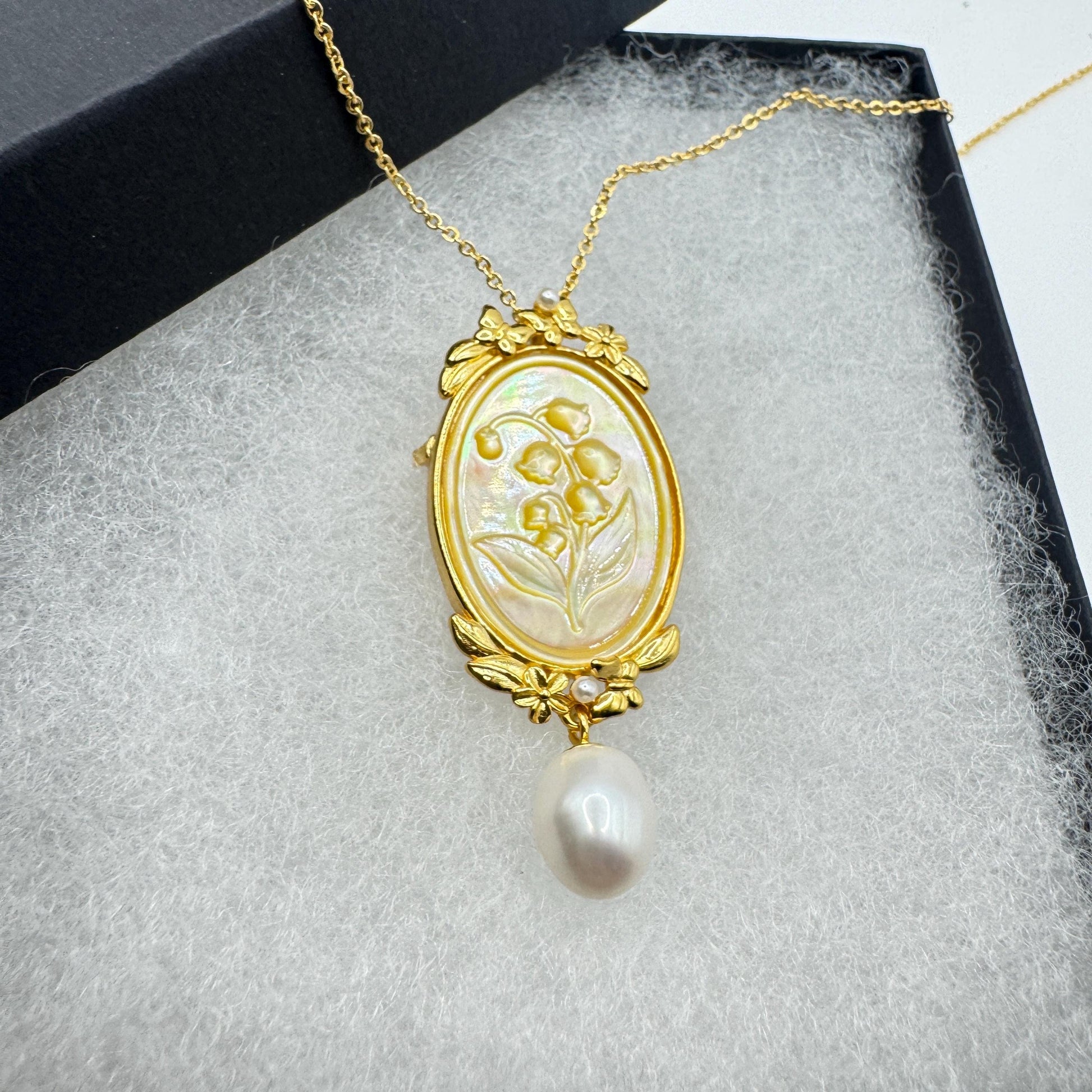 Vintage Lily of the Valley Abalone Cameo Choker 925 Sterling Silver Necklace Pin Brooch