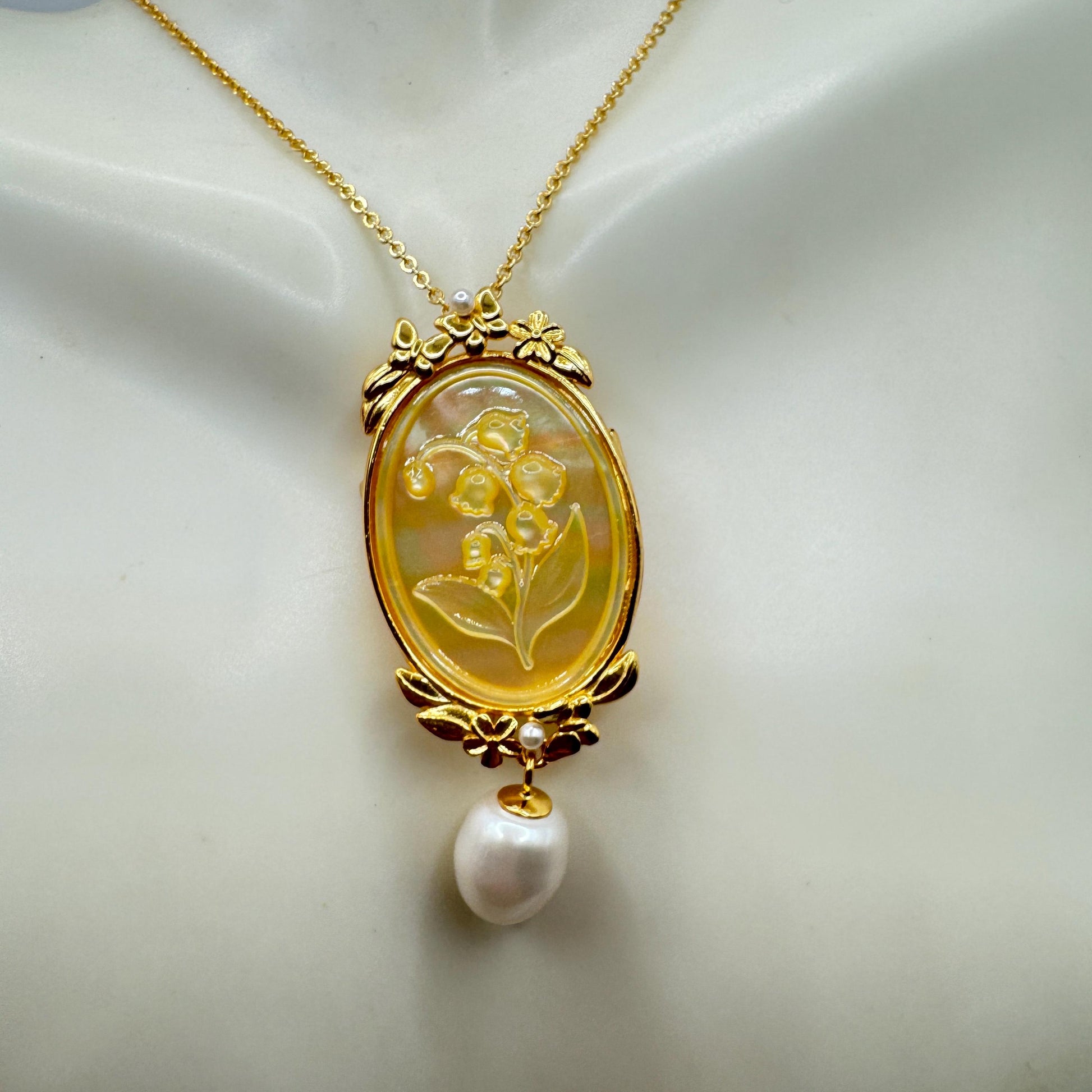Vintage Lily of the Valley Abalone Cameo Choker 925 Sterling Silver Necklace Pin Brooch