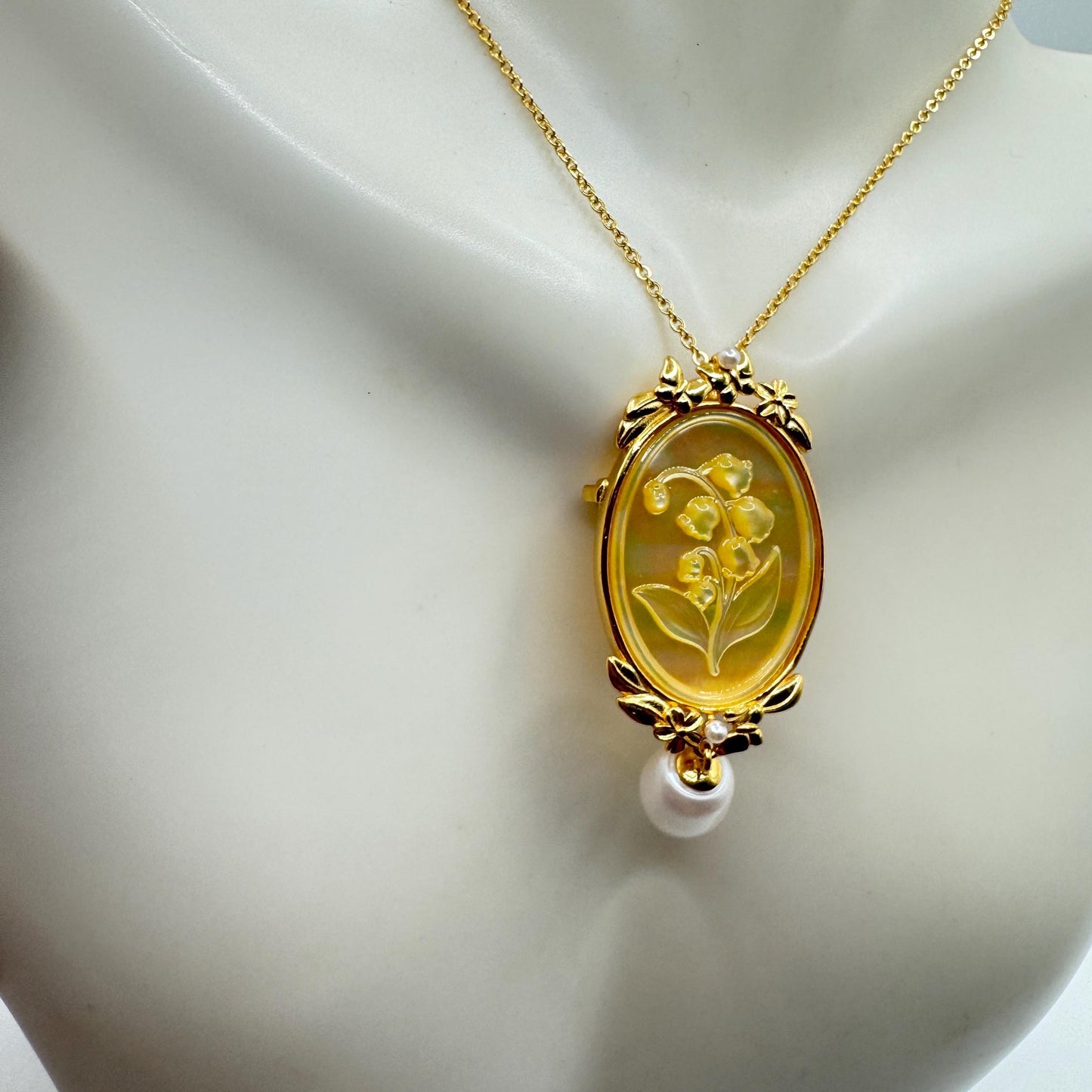 Vintage Lily of the Valley Abalone Cameo Choker 925 Sterling Silver Necklace Pin Brooch
