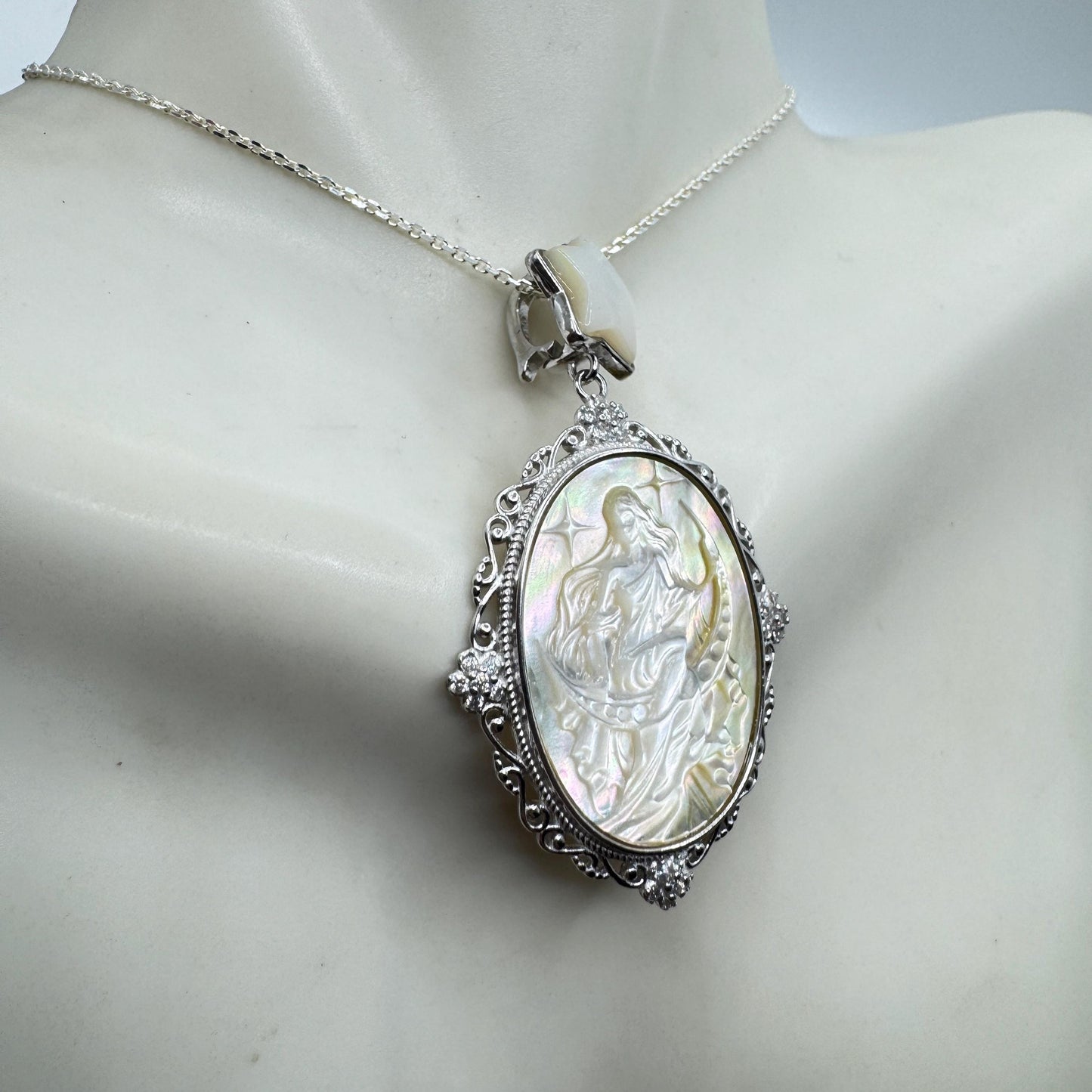 Vintage Moon Goddess Genuine Abalone Cameo Golden Sterling Silver Necklace