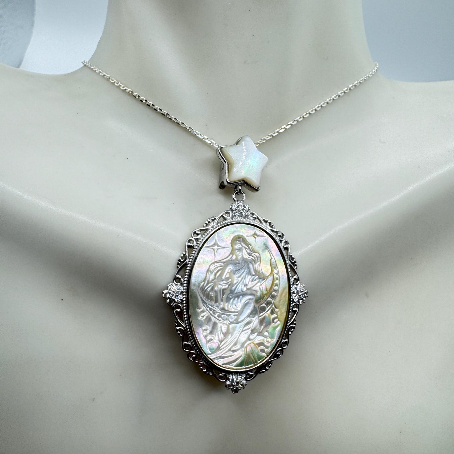 Vintage Moon Goddess Genuine Abalone Cameo Golden Sterling Silver Necklace