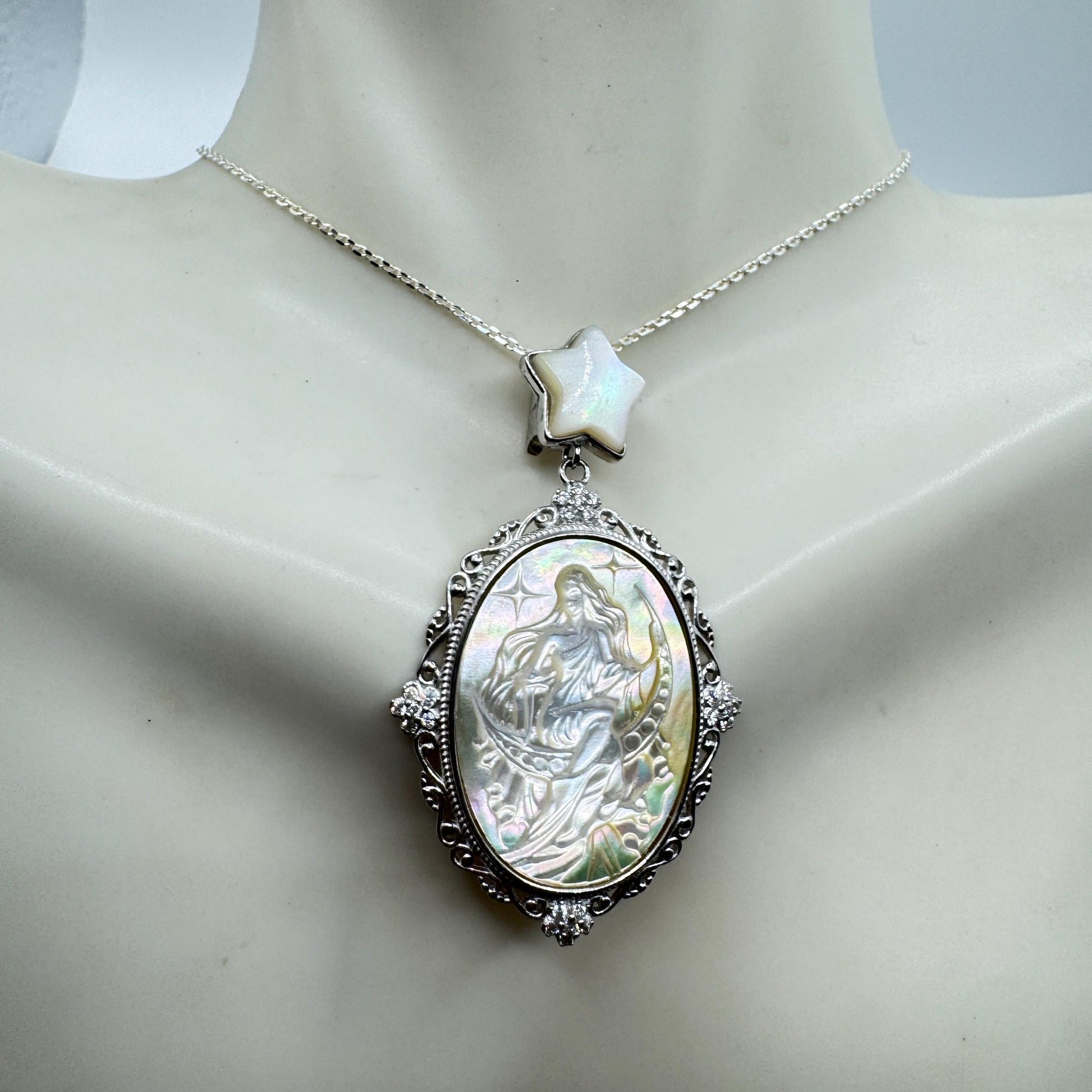Vintage Moon Goddess Genuine Abalone Cameo Golden Sterling Silver Necklace