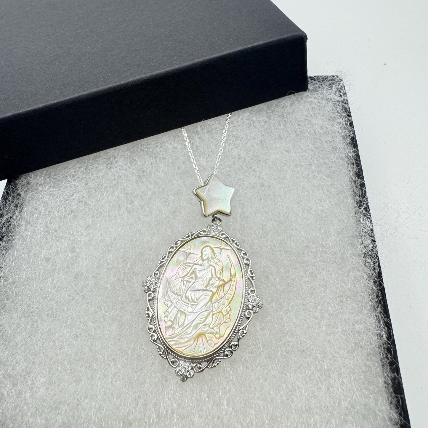 Vintage Moon Goddess Genuine Abalone Cameo Golden Sterling Silver Necklace