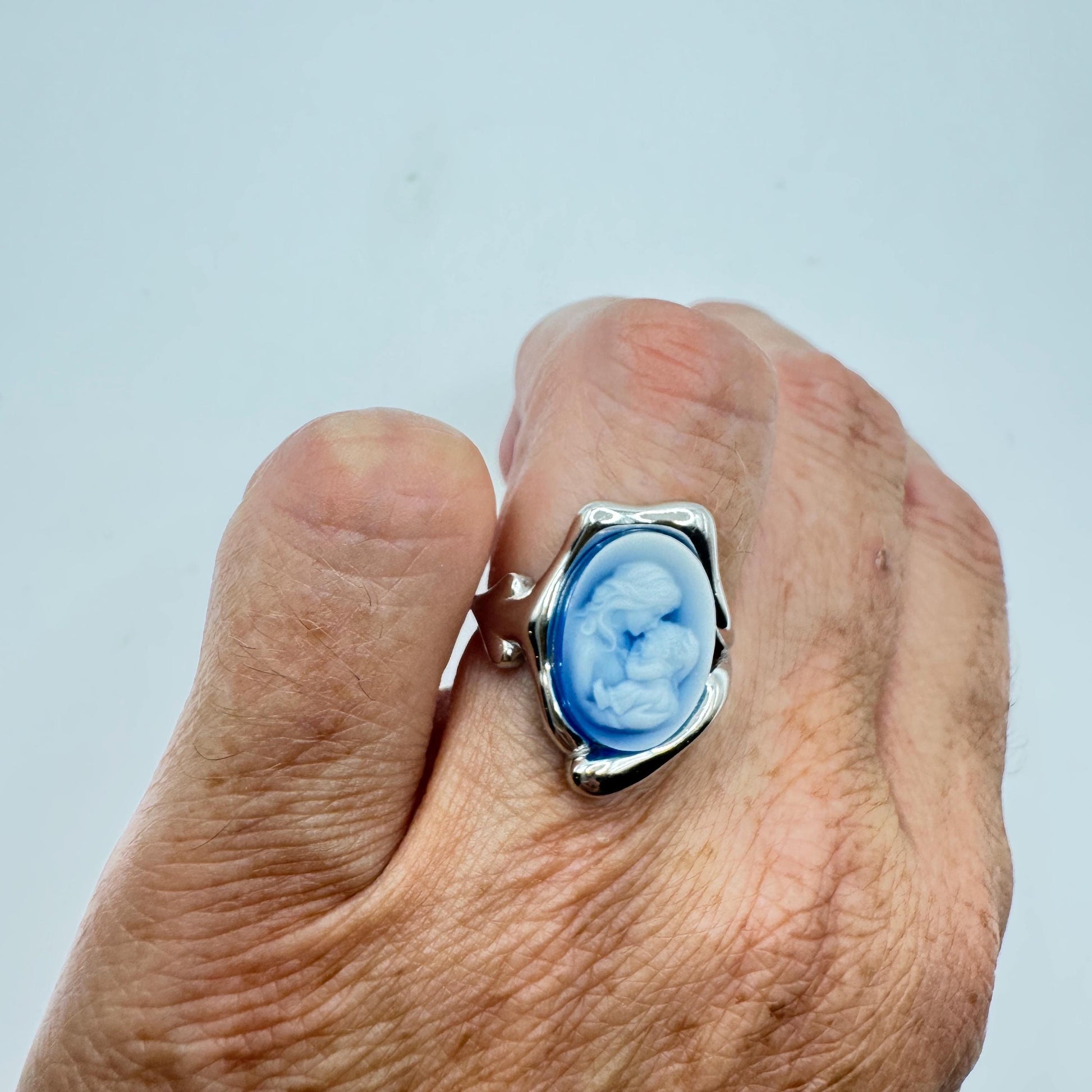 Vintage Blue Onyx Rose Cameo Golden 925 Sterling Silver Cocktail Ring
