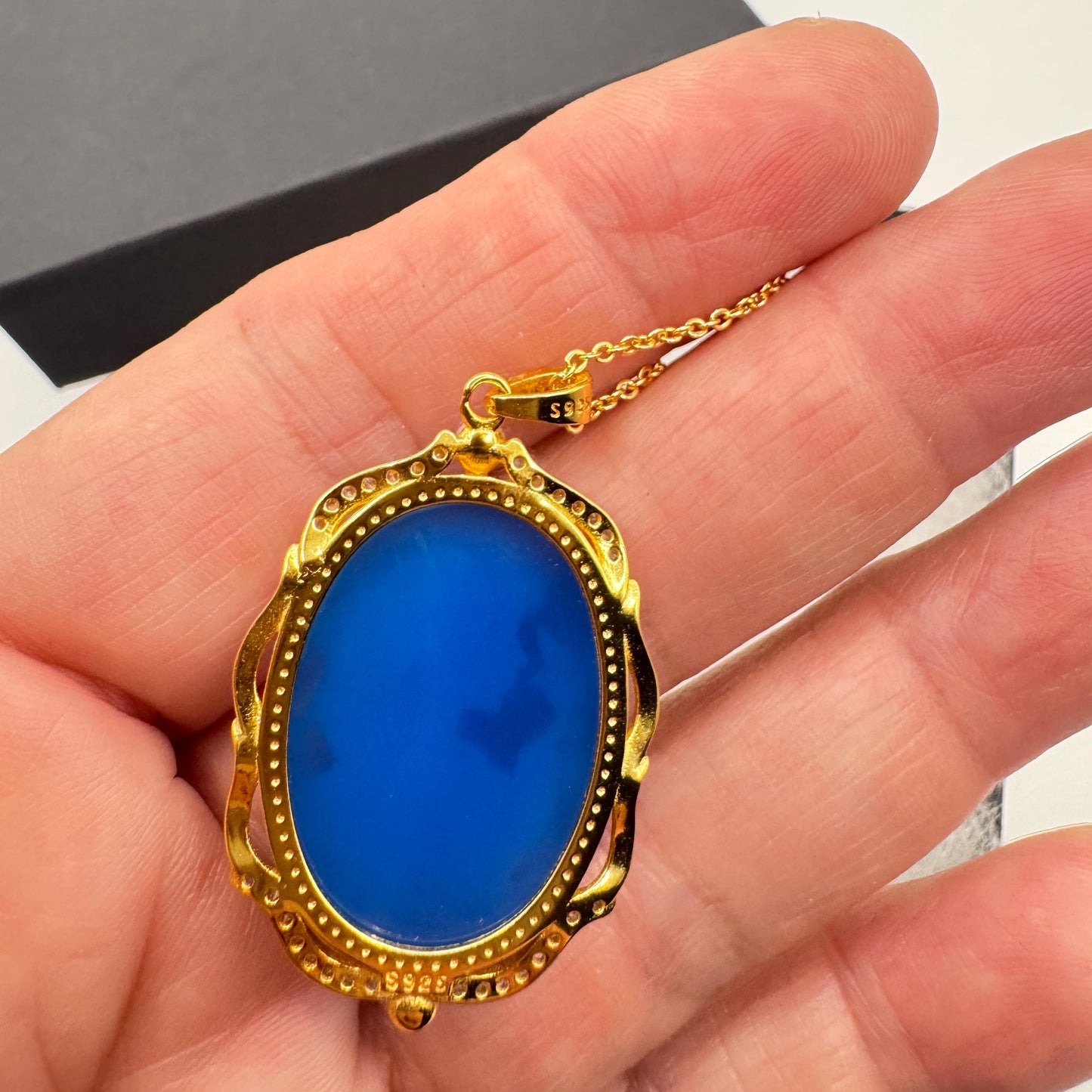 Vintage Moon Goddess Genuine Blue Onyx Cameo Sterling Silver Necklace Choker