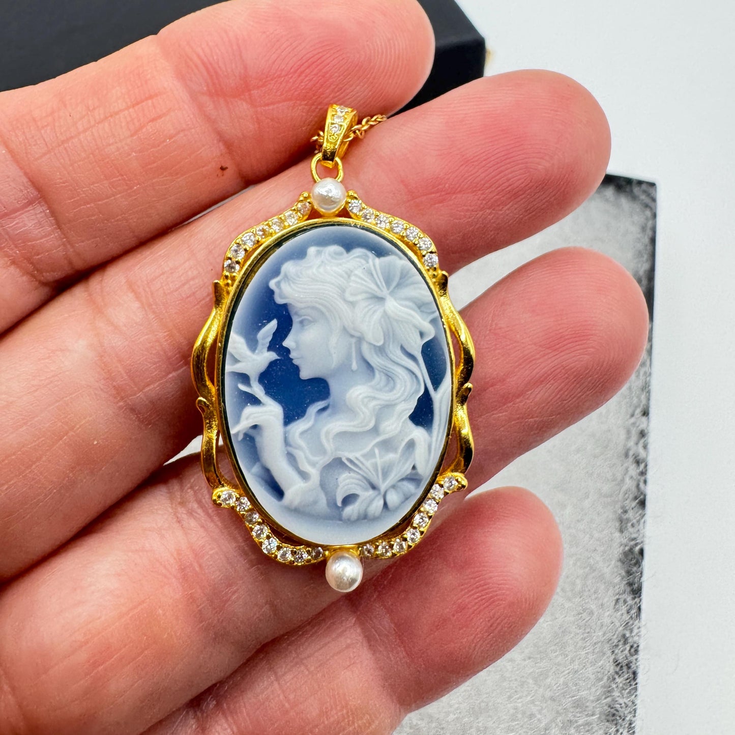 Vintage Moon Goddess Genuine Blue Onyx Cameo Sterling Silver Necklace Choker