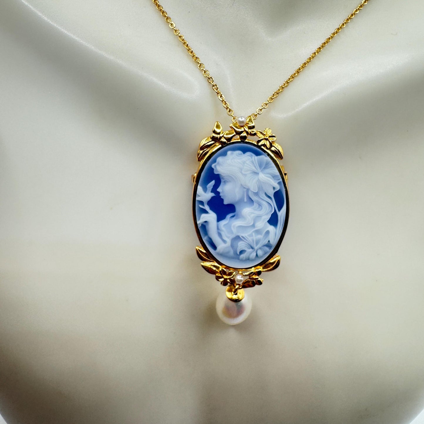 Vintage Moon Goddess Genuine Blue Onyx Cameo Sterling Silver Necklace Choker