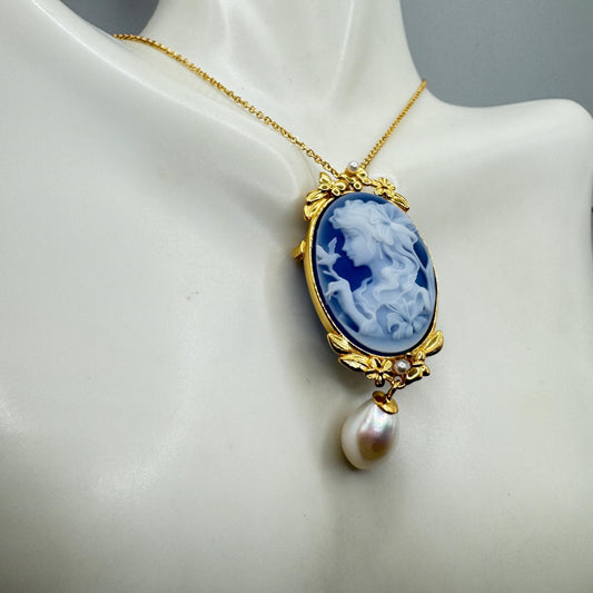 Vintage Moon Goddess Genuine Blue Onyx Cameo Sterling Silver Necklace Choker