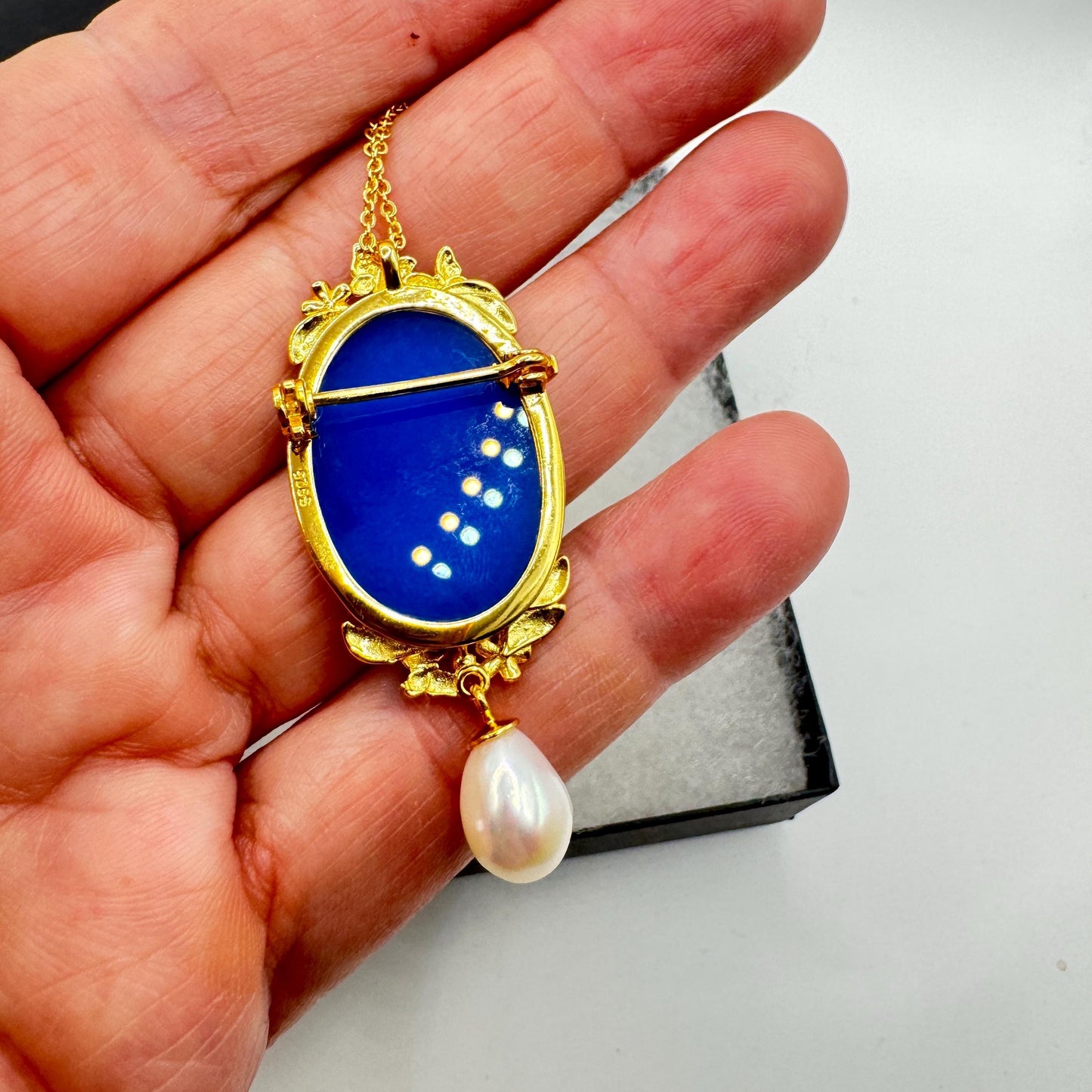 Vintage Moon Goddess Genuine Blue Onyx Cameo Sterling Silver Necklace Choker