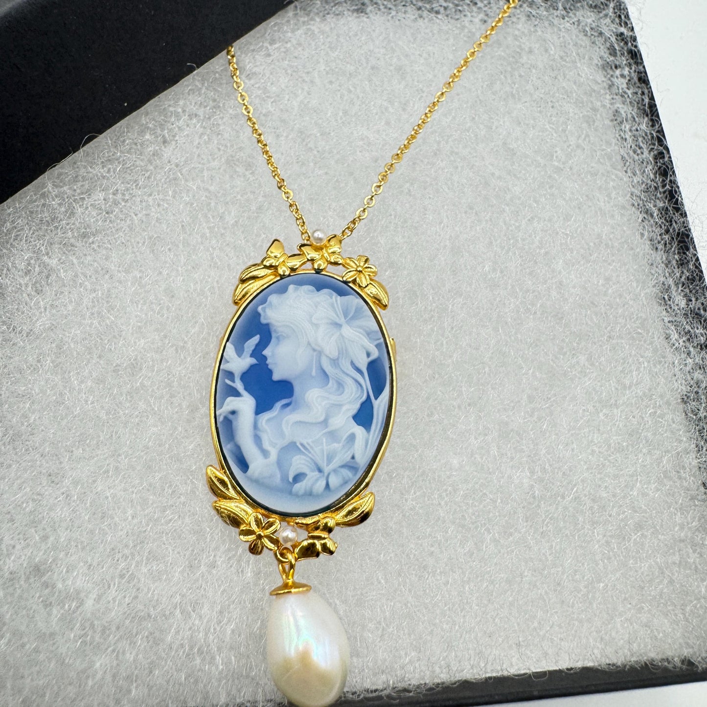 Vintage Moon Goddess Genuine Blue Onyx Cameo Sterling Silver Necklace Choker