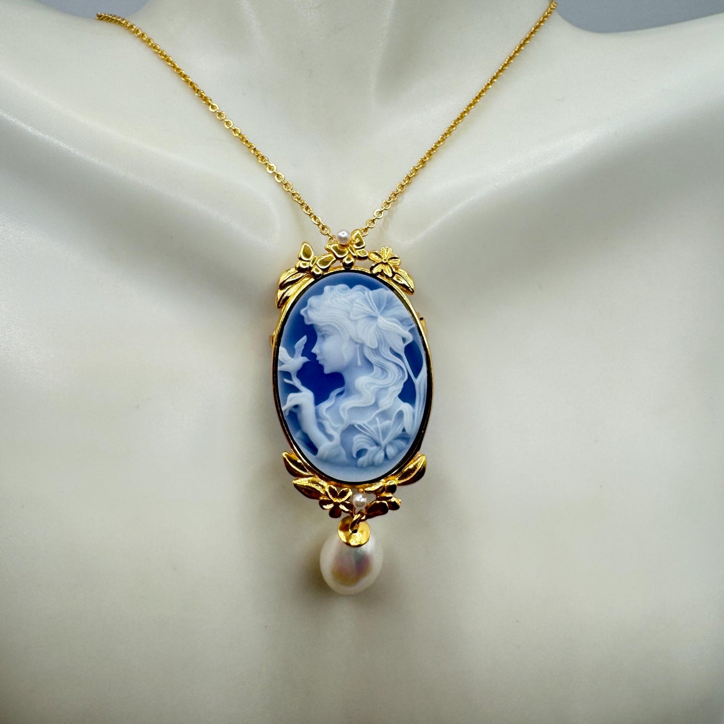 Vintage Moon Goddess Genuine Blue Onyx Cameo Sterling Silver Necklace Choker