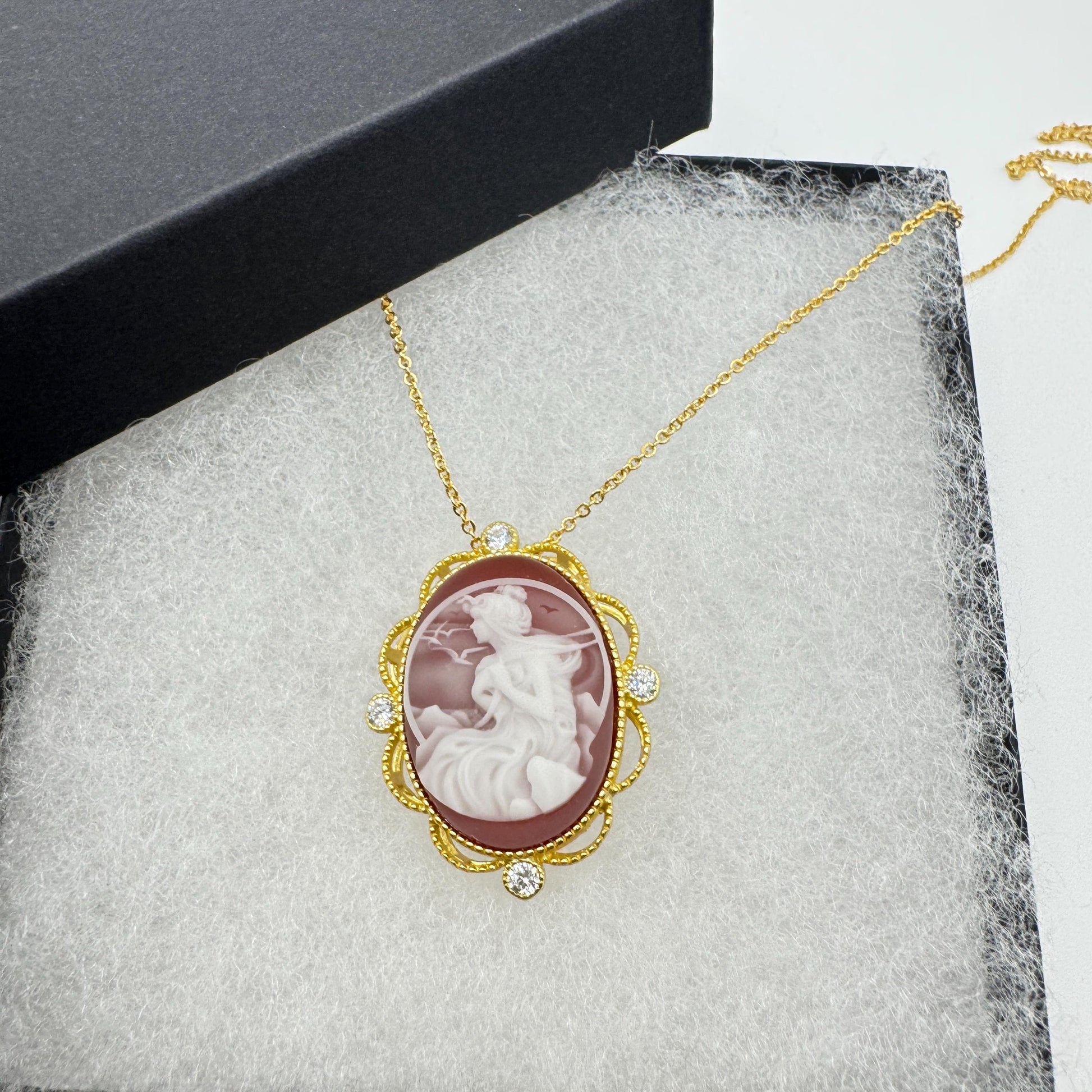 Vintage Red Onyx Cameo Golden 925 Sterling silver Necklace Choker