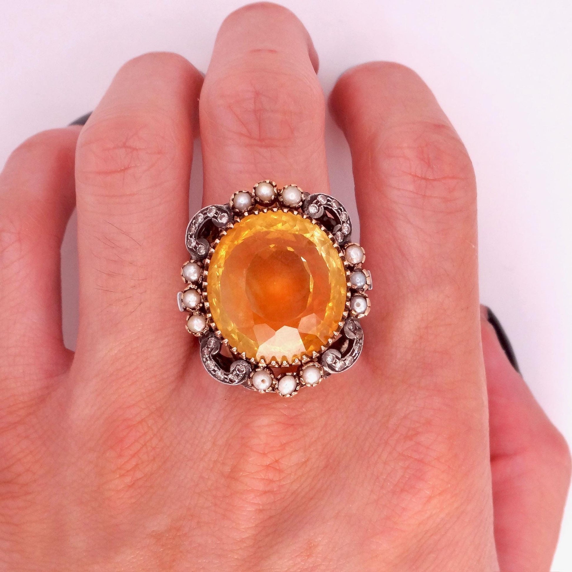 Vintage Citrine Pearl Diamond Ring, 925 Sterling Silver 14k Gold