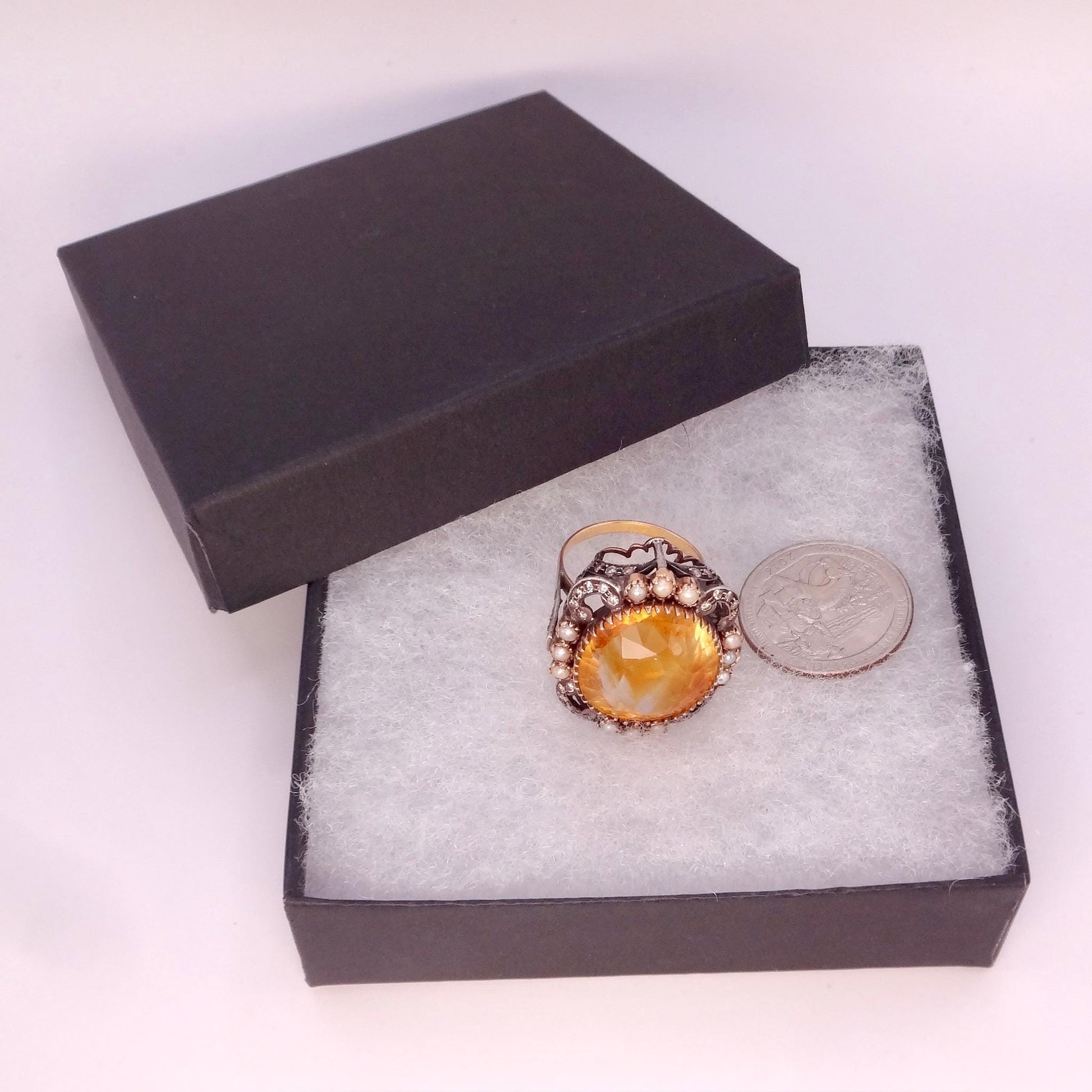 Vintage Citrine Pearl Diamond Ring, 925 Sterling Silver 14k Gold